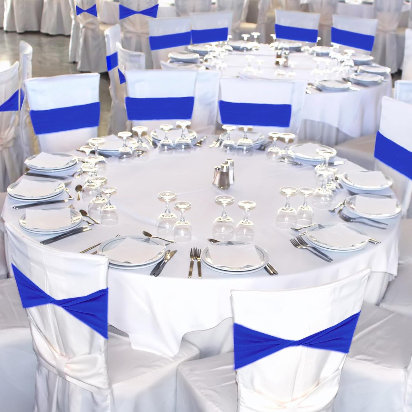 Kinlop 50 Pcs Spandex Chair Sashes Bows Chair Bands Slider Sashes for Covers Elastic Bands Ties Without Buckle Decorations for Wedding Party Events Ceremony Birthday(Blue)