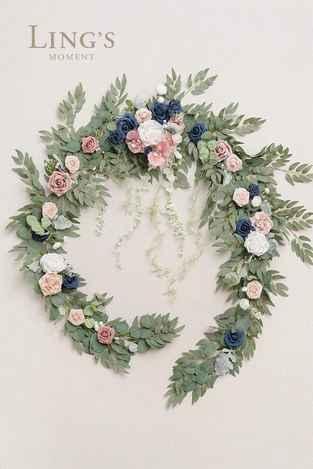Ling's Moment 9FT Eucalyptus and Willow Leaf Garland with White Flower, Handcrafted Wedding Sweetheart Table Centerpieces Head Table Decor Arch Backdrop Decorations for Wedding | Dusty Rose & Navy