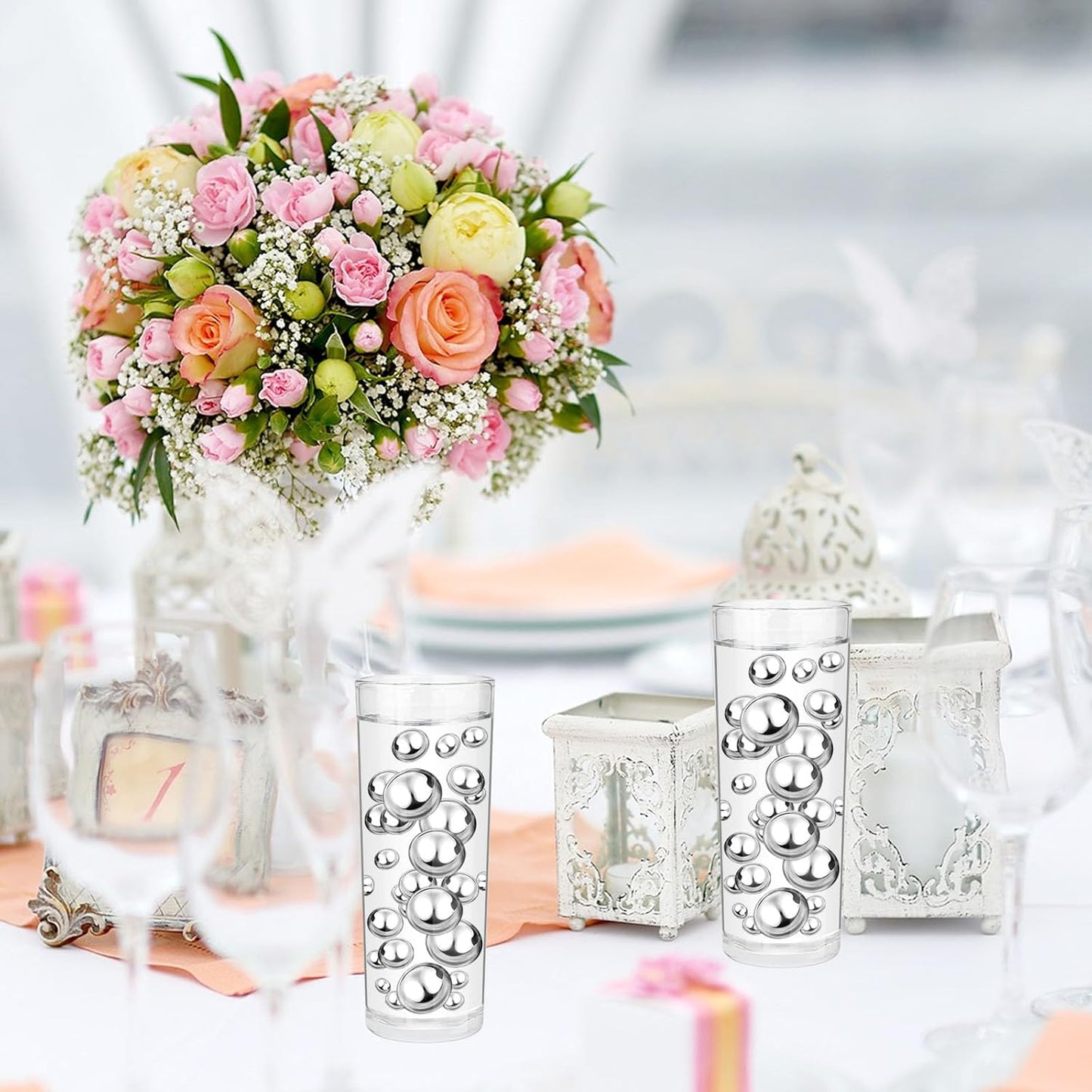 100PCS Silver Faux Pearls Beads for Centerpiece Vases, Vase Filler Faux Pearls, No Holes Filler Beads for Party Anniversary Birthday Wedding Table Decor, 14/20/30mm