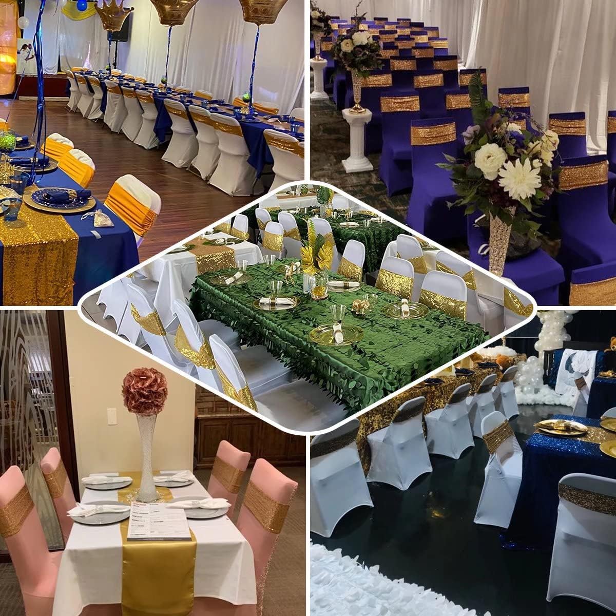 Chair Sashes Sequin Stretch Chair Bands Spandex Polyester Bows for Party Hotel Wedding Banquets Decoration - 6 Pcs Aqua