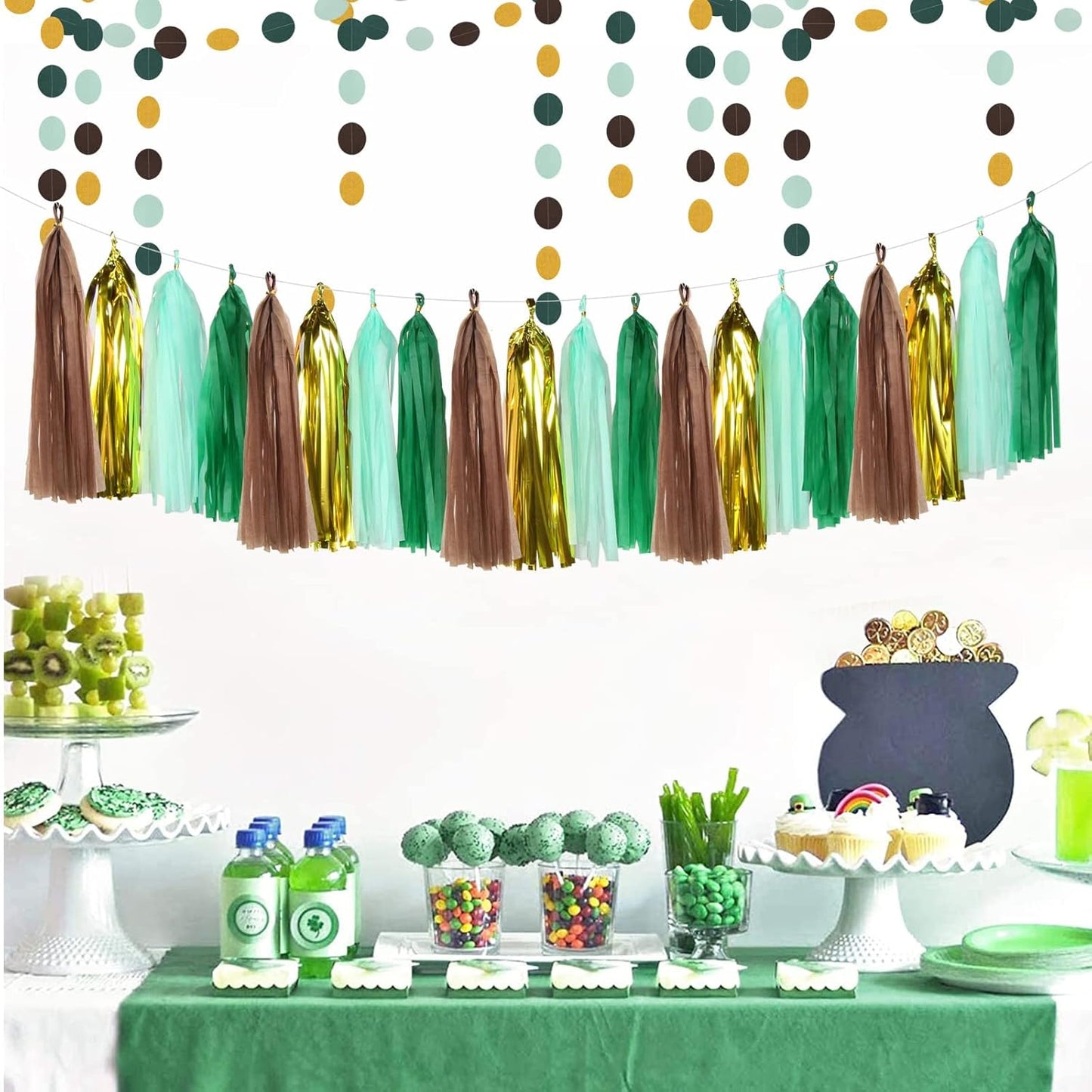 Sage Green Gold Party Decorations - 30pcs Hanging Decoration Birthday Party Tissue Paper Flowers Wedding Pennant Banner Neutral Baby Shower Circle Dots Garland Engagement Tassel Bridal Shower Decor