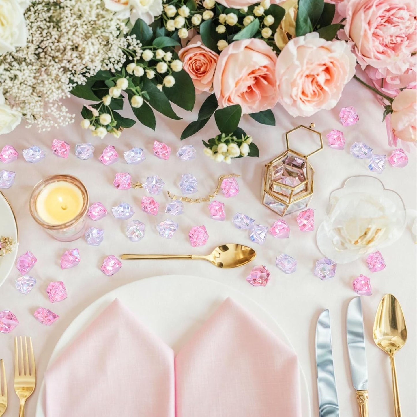 DomeStar 150PCS Dazzling Fake Ice Rocks, Pink Holographic Acrylic Crushed Ice Sparkling Plastic Diamonds Gems for Vases Fillers Aquarium Rocks Party Table Scatter Wedding Decor