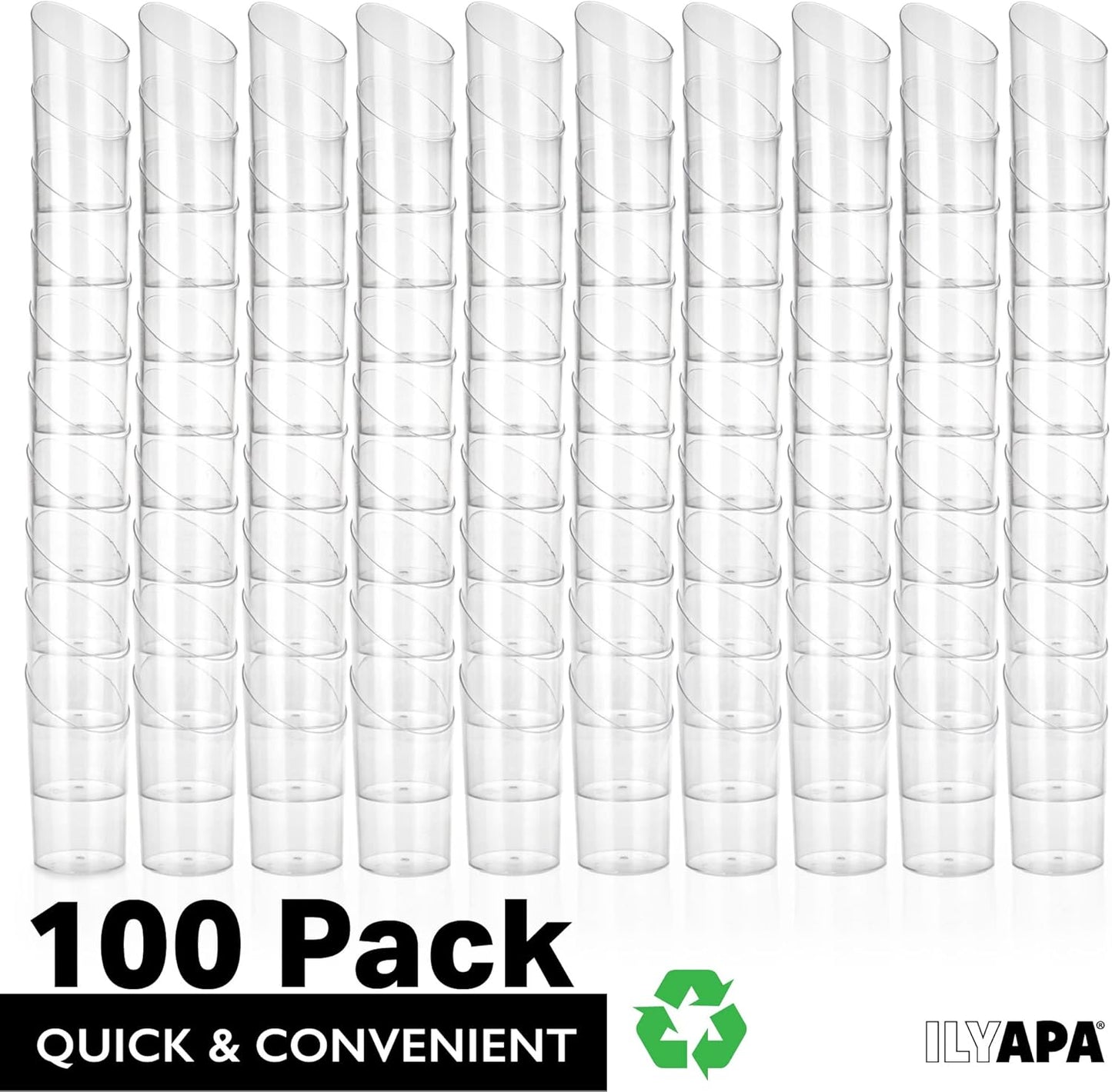 Ilyapa 3oz Plastic Dessert Cups - 100 Pack Mini Dessert Cups with Spoons - Clear Reusable Small for Cheesecake Shooters, Chocolate Mousse, Parfait - Party and Catering Supplies - Slanted