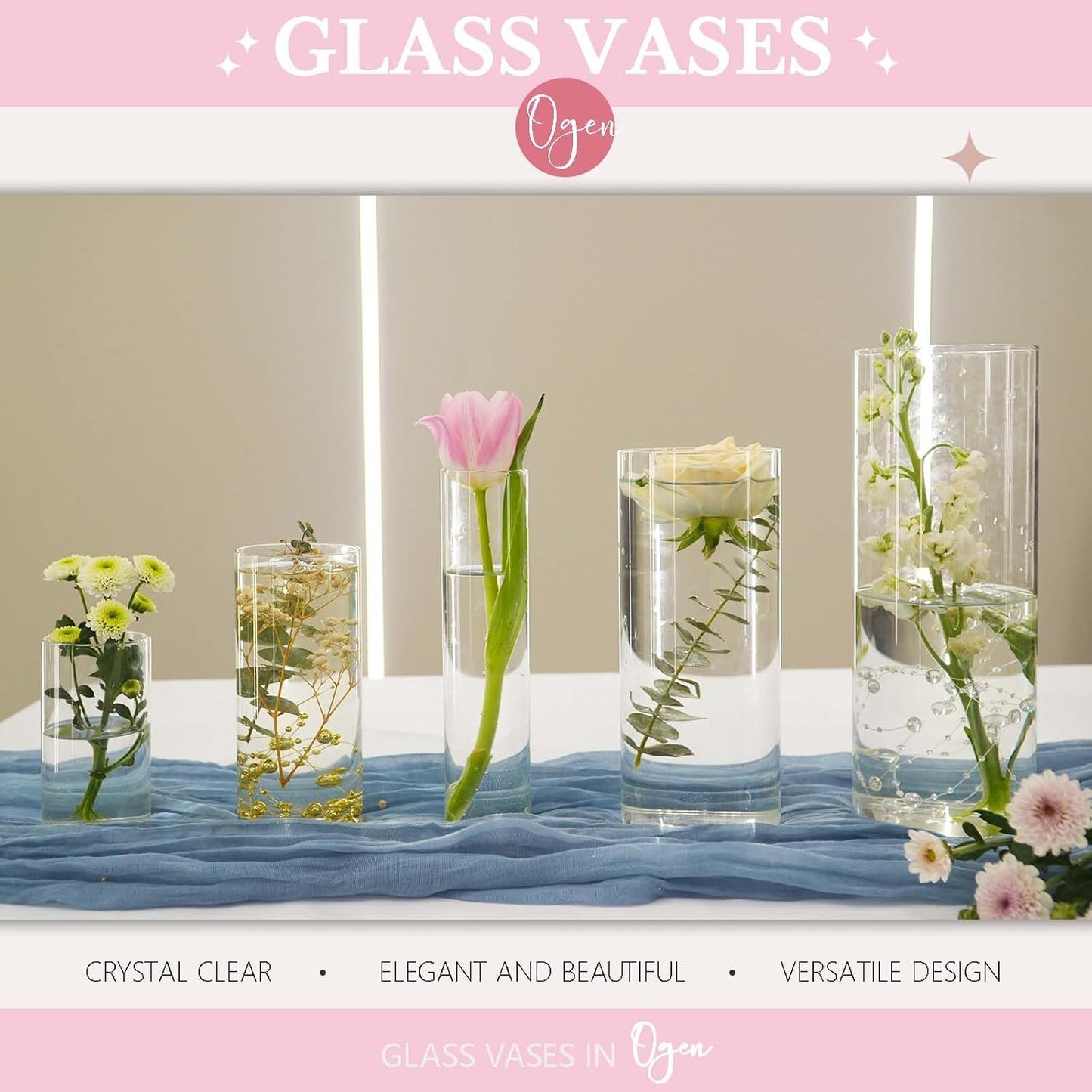 5pcs Glass Vase Cylinder Vases for Centerpieces Small Flower Glass Clear Vases Home Decor Centerpiece Table Flower Vase Decorations for Wedding Decoration&Holiday Mixed Sizes Tall