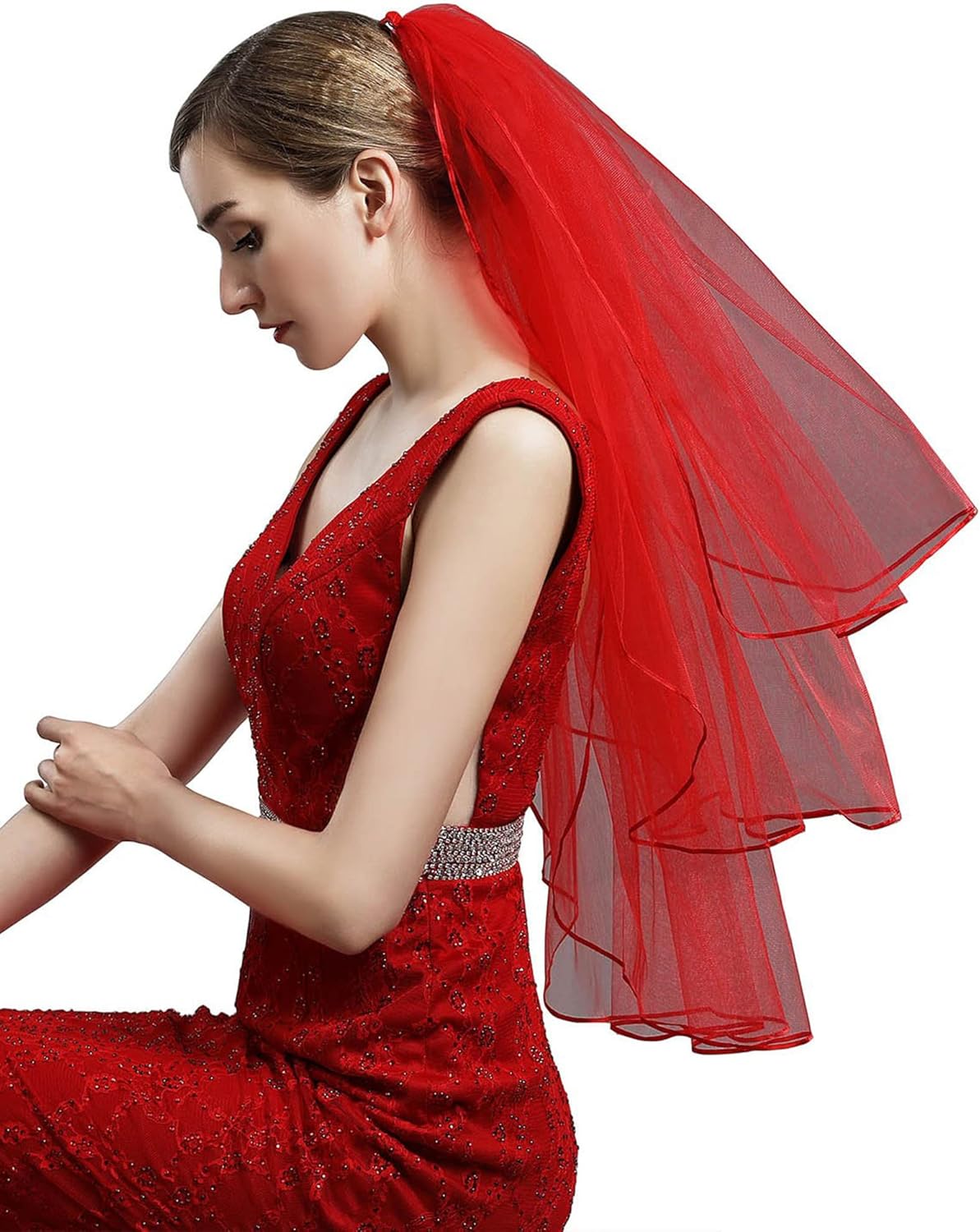 Women's Short Wedding Veils with Comb 3 Tier Halloween Tulle Bridal Veil