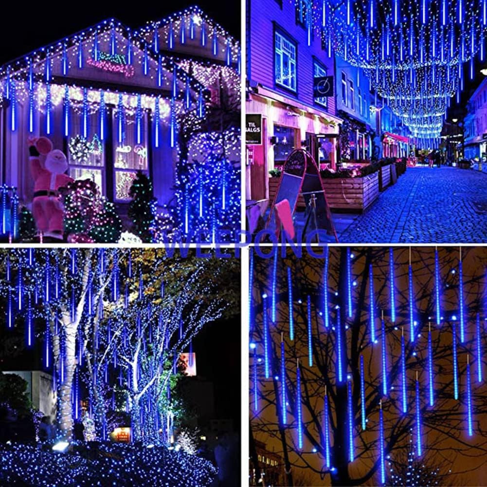 Meteor Shower Lights Outdoor Christmas Lights UL Certified Falling Rain Drop Snowfall Icicle Cascading String Light for Xmas Holiday Tree Wedding Party Garden Decor Blue, 12 Inch 8 Tubes