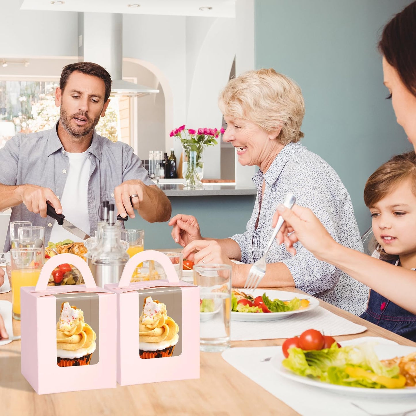 JCD Cupcake Boxes Carriers, 120pcs Pink Single Individual Cupcakes Box Holders Containers,3.7 * 3.7 * 4.3inch Cupcake Container Pastry with Insert Window & Handle for Parties (Pink/120Pcs)