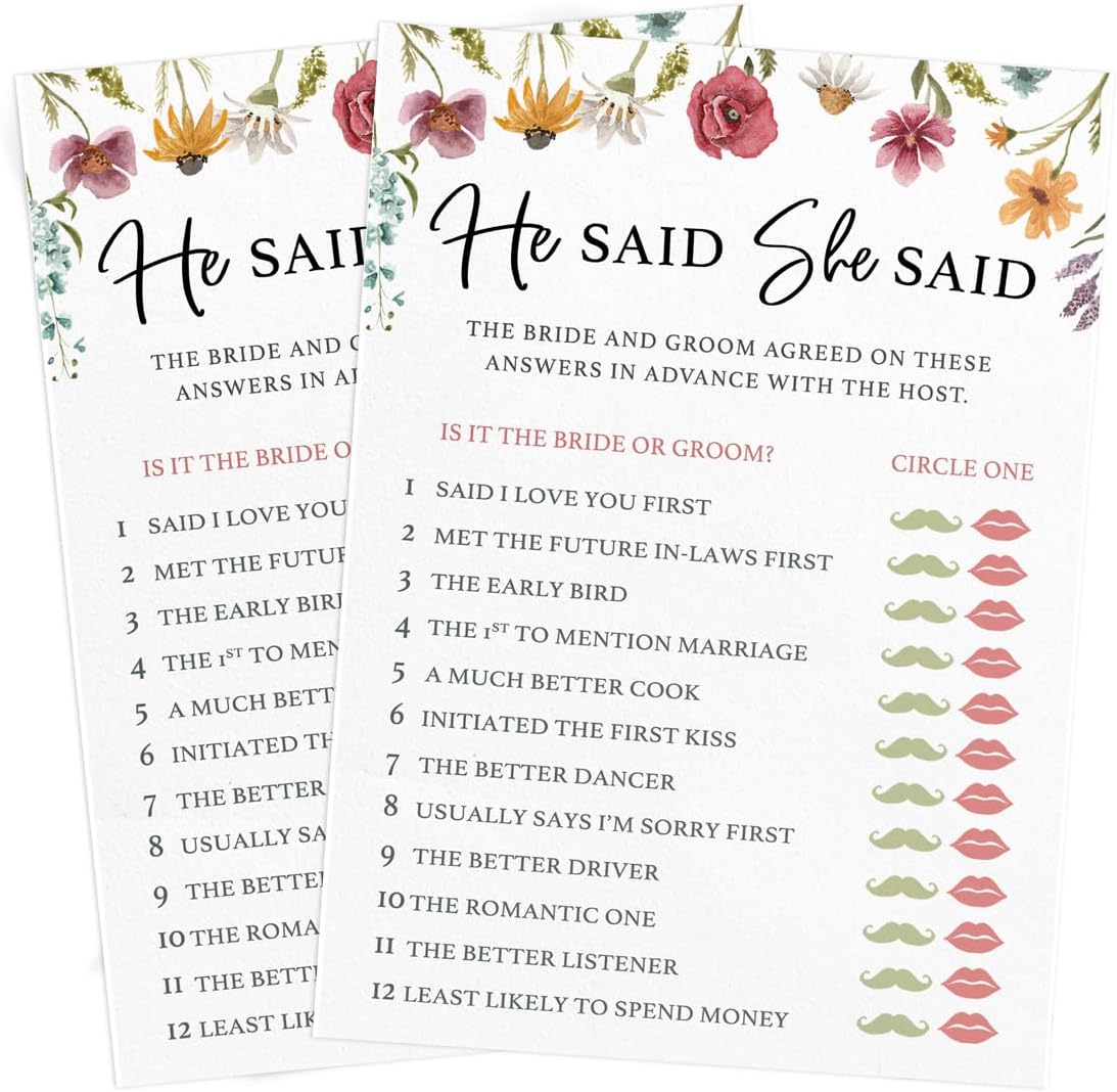 Printed Party Bridal Shower Game Set – 4 Fun Games and Activities for 30 Guests, Includes Bingo, He Said She Said, Bride & Groom Trivia, and Wedding Phrase Guessing Game, Love In Bloom Wildflower Design