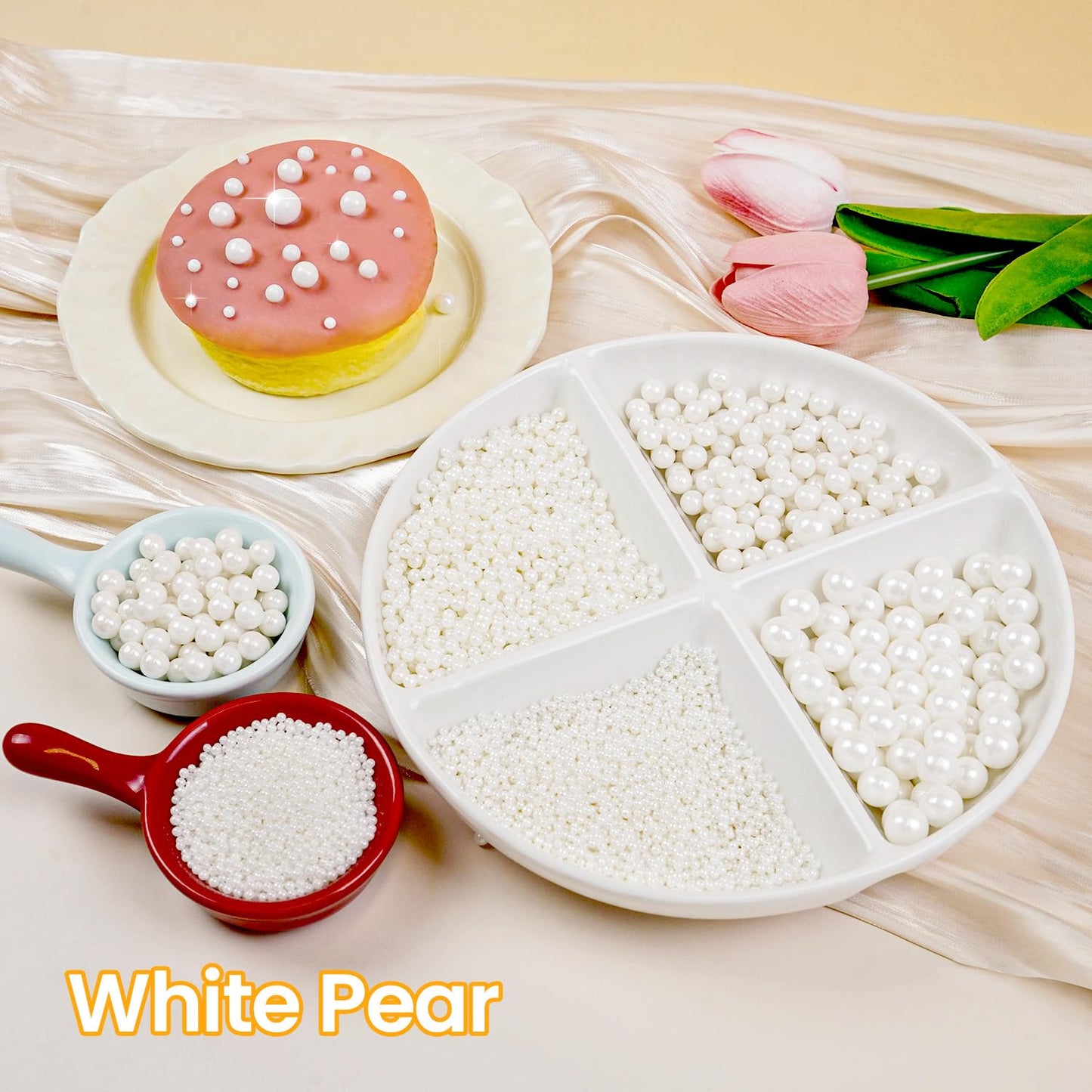White Edible Sugar Pearl Sprinkles for Cake Decorating, Candy Pearls Sprinkles for Cupcake, Cookie, Baking Cake Decorations, 4 sizes, 160g/5.64oz, Wedding Party Chirstmas Supplies