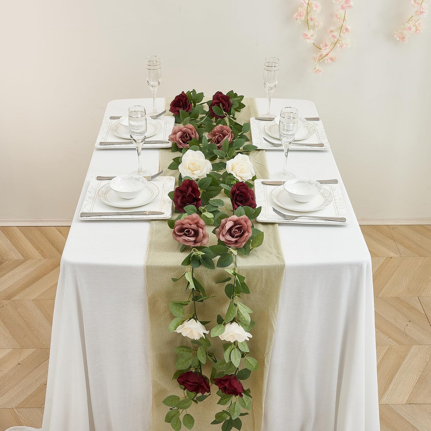 Burgundy Artificial Rose Garlands Rose Vines Leaves Banners Hanging Floral Garland Fake Rose Flower Vine for Wedding Arch Ceremony Home Garden Outdoor Party Wall Decorations