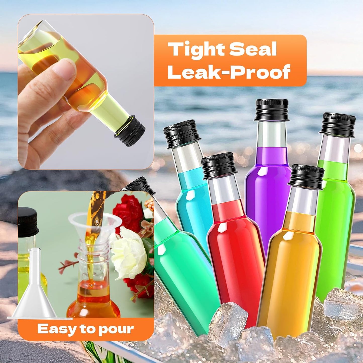 50 Pcs Mini Liquor Bottles with Black Cap, Plastic Alcohol Bottles, 2oz Leakproof Empty Spirit Bottle, Mini Salad Dressing Bottle with Funnels for Cocktail Party Weddings
