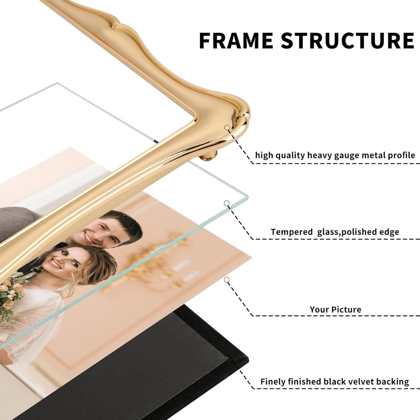 8 x 10'' Premium Alloy Gold Photo Frame with Acid Free 5x7'' Mat - High-End Décor Metal Frames 5x7'' with Black Velvet Back
