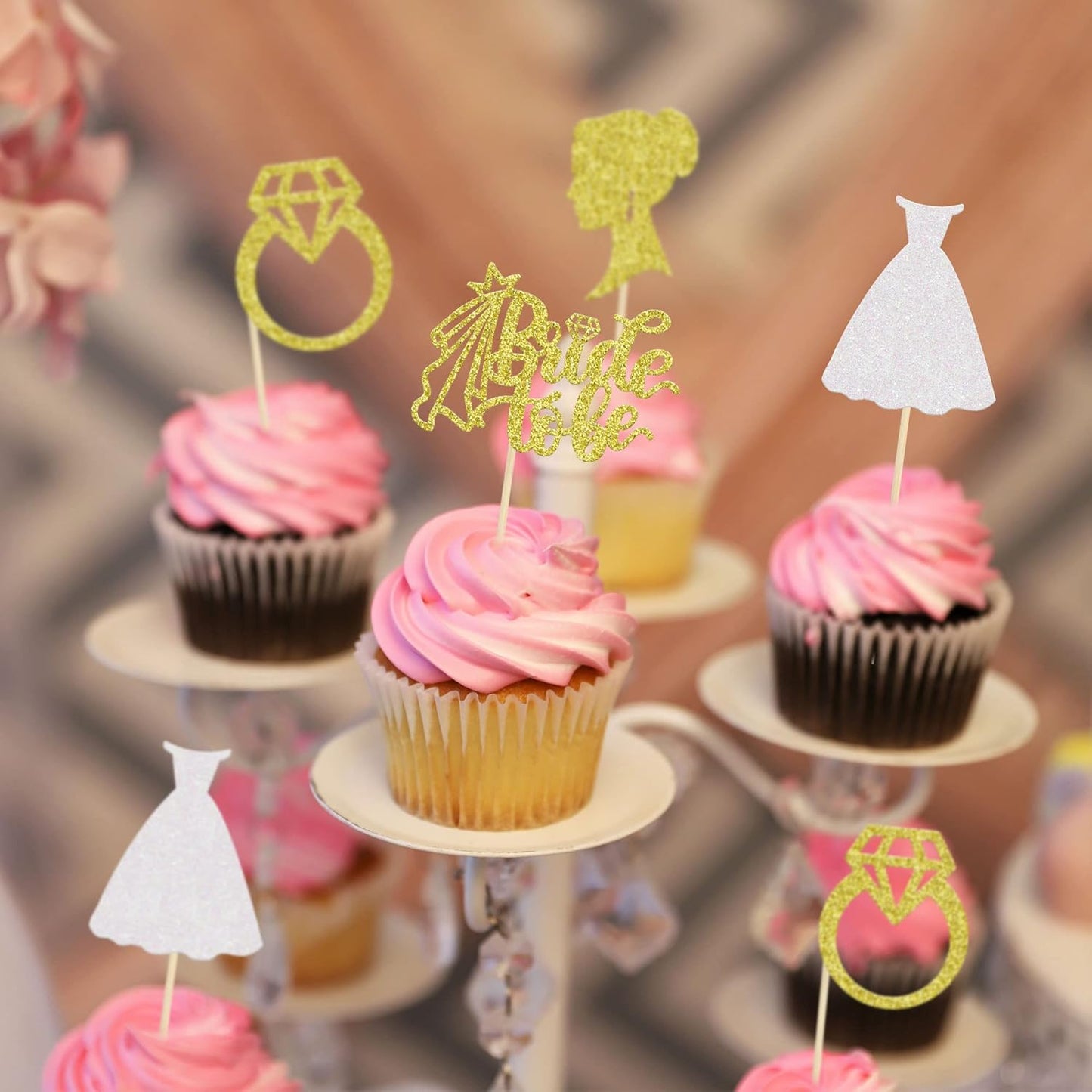 Gyufise 24 Pack Gold Glitter Bride To Be Cupcake Toppers with Diamond Bride Tulle Dress Cupcake Toppers for Bridal Shower Supplies Wedding Engagement Bachelorette Party Decorations