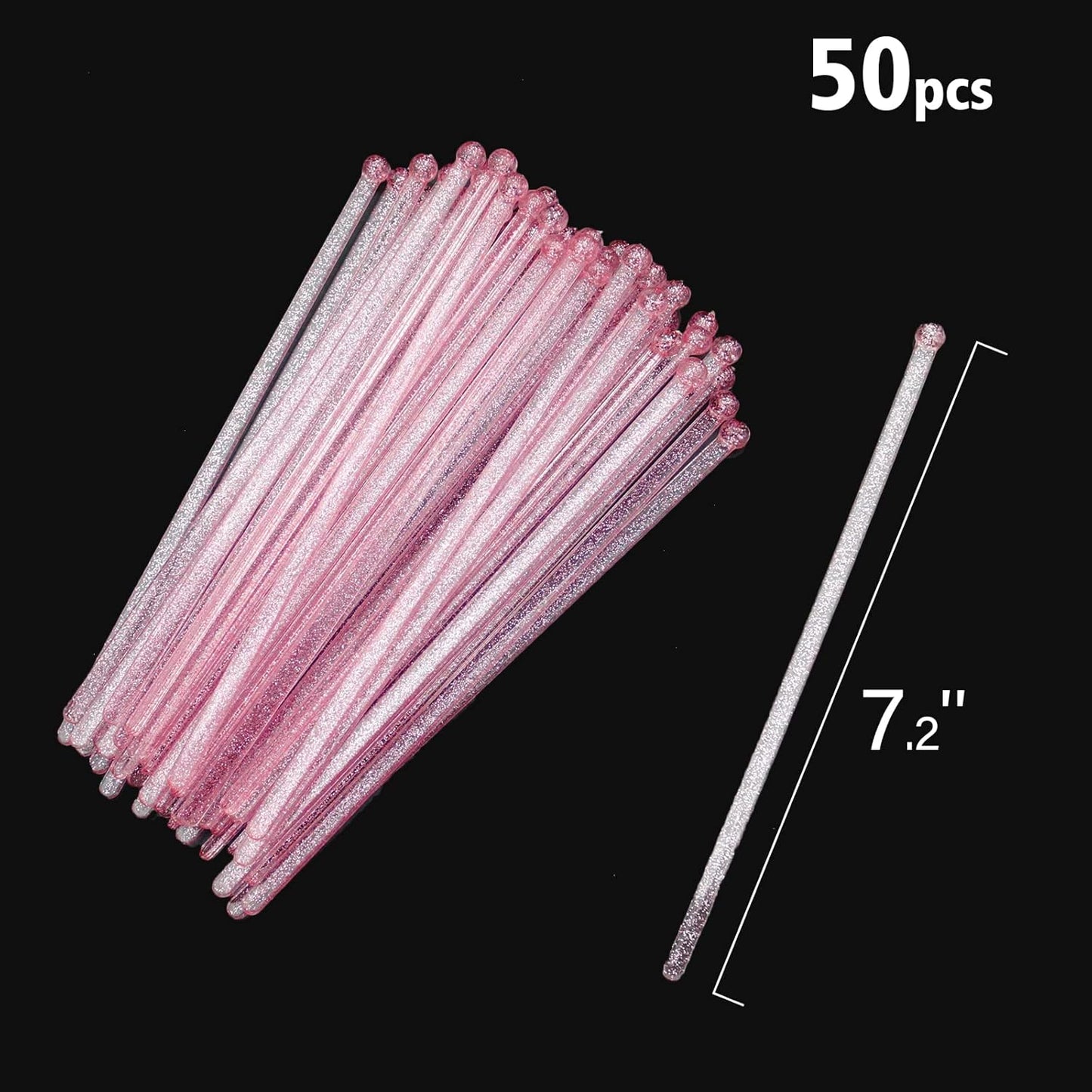 50-PCS Pink Glitter Plastic Swizzle Sticks, Crystal Cake Pops, Cocktail Coffee Drink Stirrers, Lolipop Stick, for Valentines Day Christmas Party, 7.24 Inch