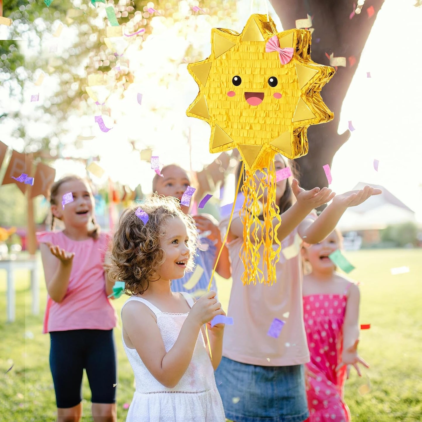 WERNNSAI Sun Pinata-Sunshine Party Decorations pull string Sun Pinata with Blindfold and Bat for Girls Kids Sun Brithday Baby Shower Summer Party Game Supplies