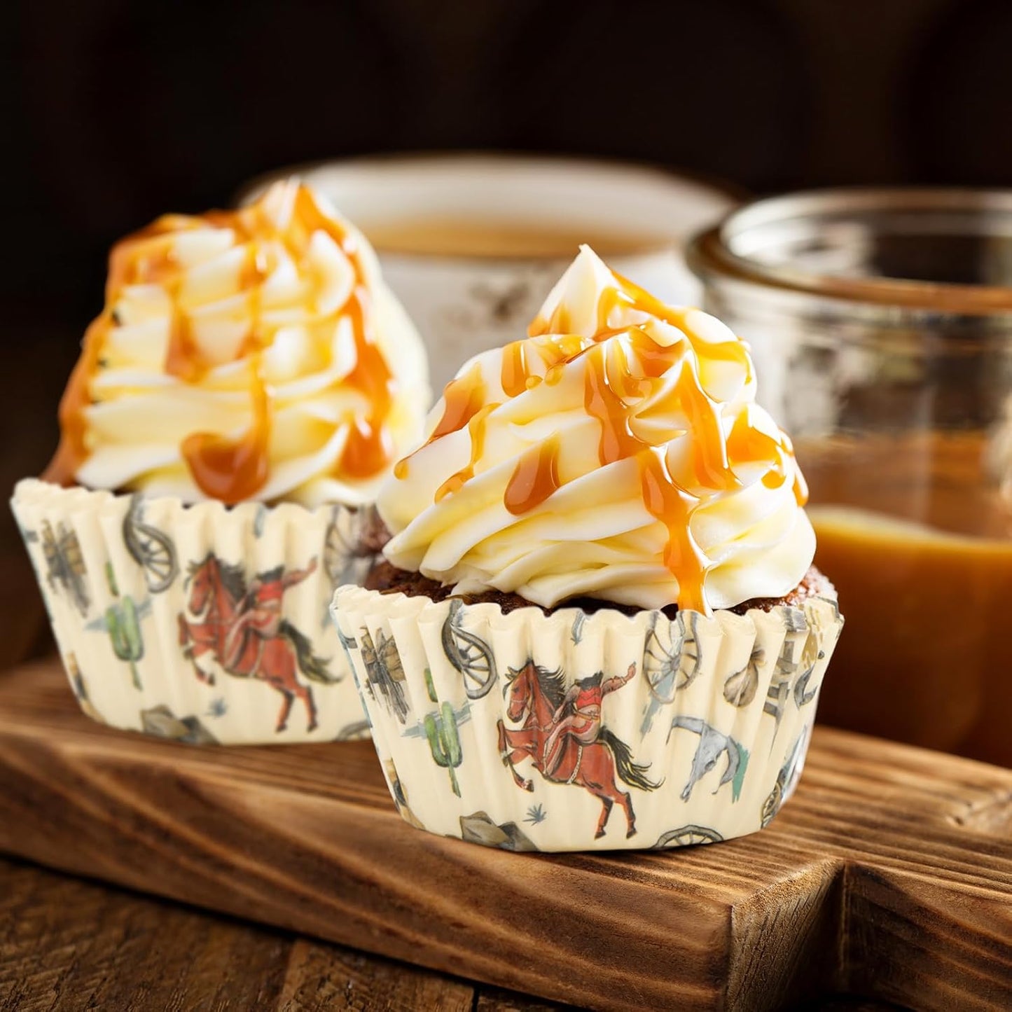 Whaline 300Pcs Western Cowboy Cupcake Liners Western Theme Paper Baking Cup Retro Wild West Cowboy Horse Muffin Liner Wrapper 2 x 1.2 Inch Cake Storage Container for Baby Shower Birthday Party