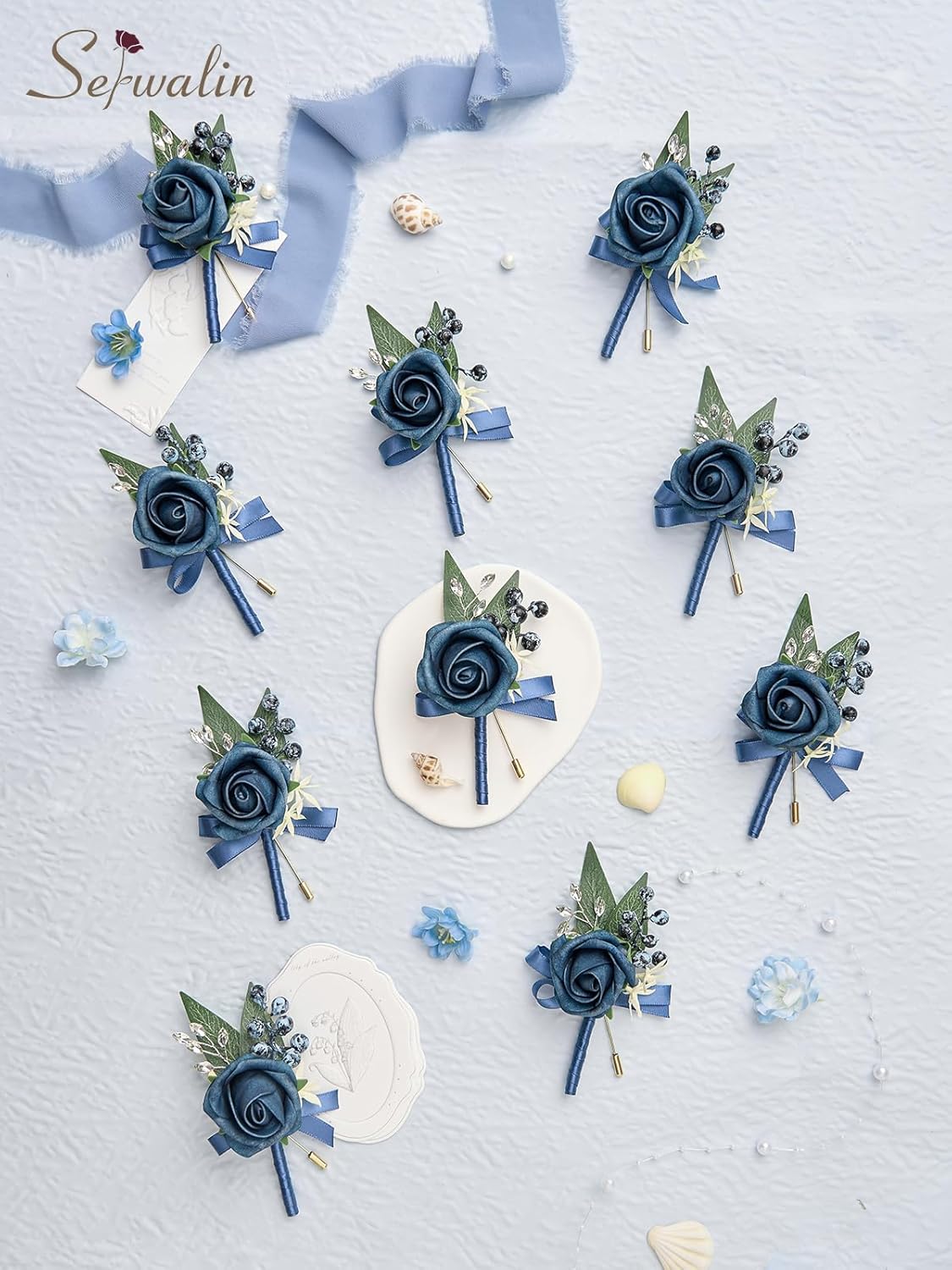 Serwalin 10Pcs Boutonniere for Men, Blue Groom and Best Man Boutonniere, Artificial Flowers for Wedding Decor Prom Homecoming Ceremony Anniversary Formal Dinner Party
