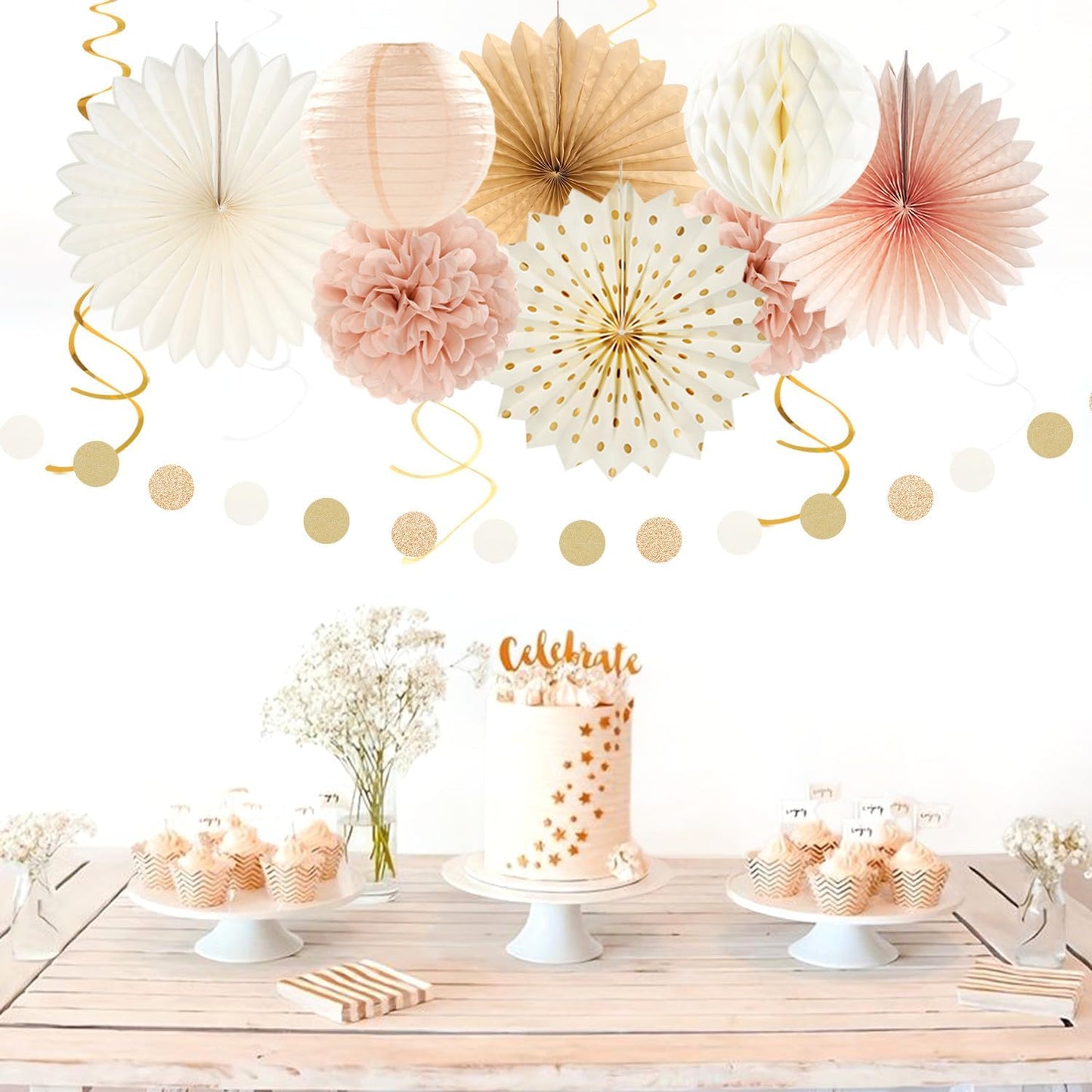 Champagne-Gold Beige Fall Boho Bachelorette Party-Decorations - 21pcs Women Bridal Shower Banner Garland,Bride To Be Paper Streamers Lanterns,Flower Tissue Pom Poms Fan Favors Wedding Decor Huglony