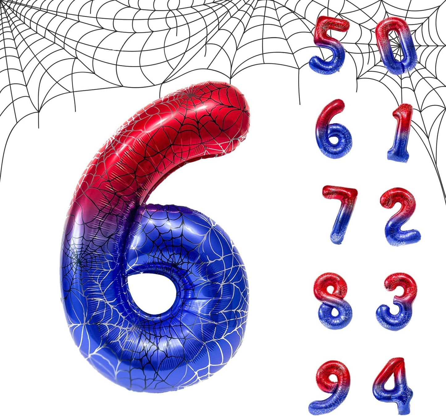 Spider Web 40Inch Foil Number Balloons Set 0-9 Includes Inflation Straws - Giant 7 Decor for Birthdays, Anniversary Party Arch Supplies (Spider, Number 6)
