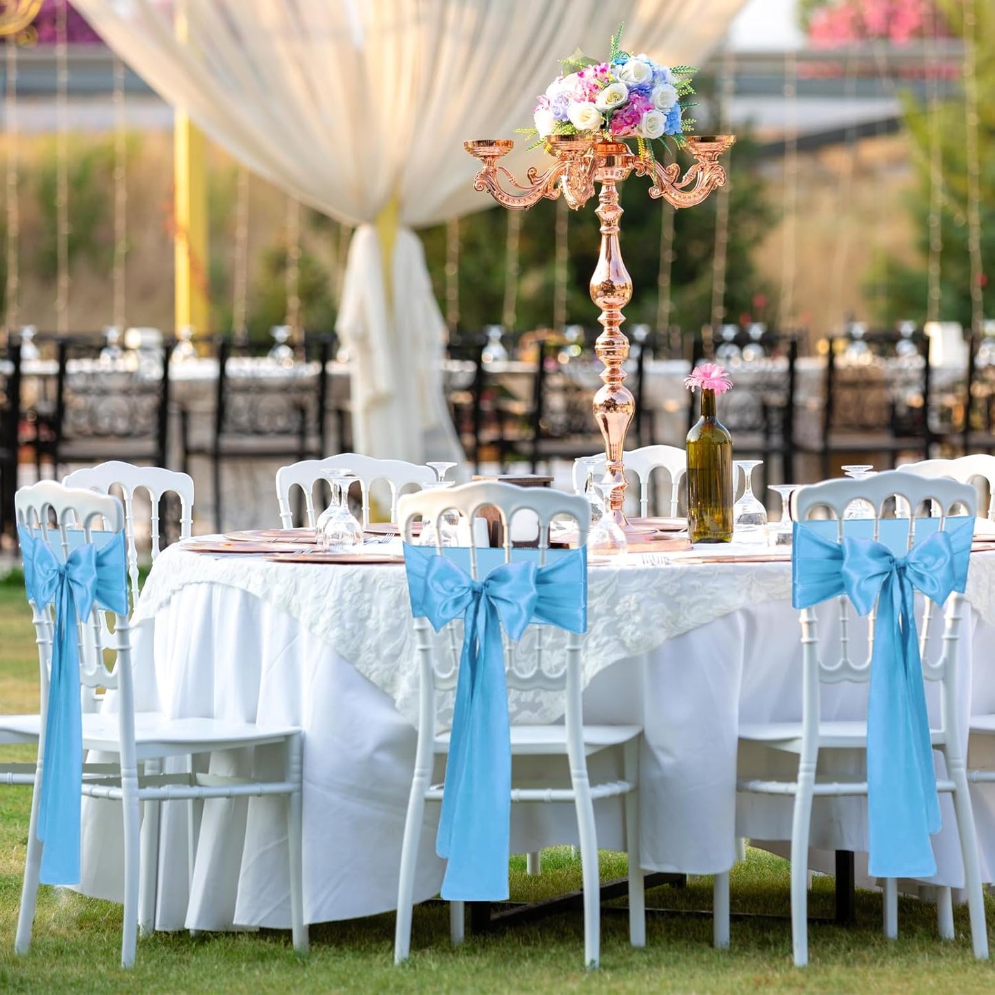 Satin Chair Sashes Bows Universal Chair Ribbon Ties Back Sash for Wedding Party Reception Events Banquets Hotel Event Chair Cover Decoration (7x108 inch) (100, Baby Blue)