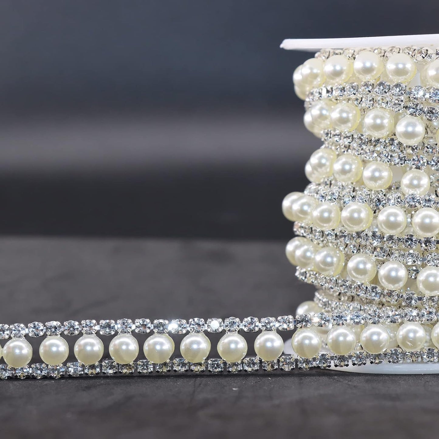 Jerler Rhinestone Trim Applique 2 Yards 2 Rows Crystal Chain Banding Diamond Inlaid White Pearl Beaded Rhinestones for Crafts Clothing and Bridal Embellishments Wedding Ideas Christmas Decorations