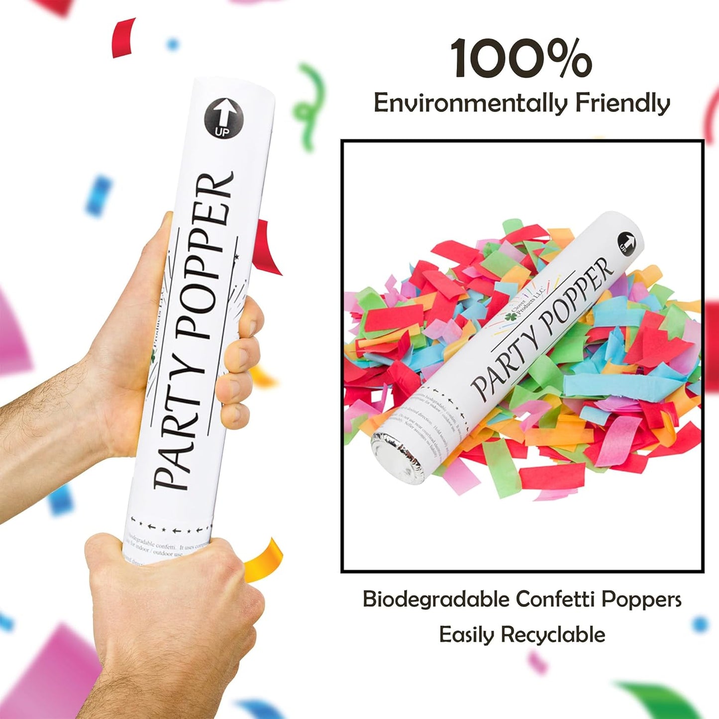 Clover Products 12" Biodegradable Confetti Cannons | 6 Pack Confetti Poppers for Weddings, Birthdays & Parties | Air-Powered Party Poppers Shoot 25 Feet | Safe for Indoor & Outdoor Use