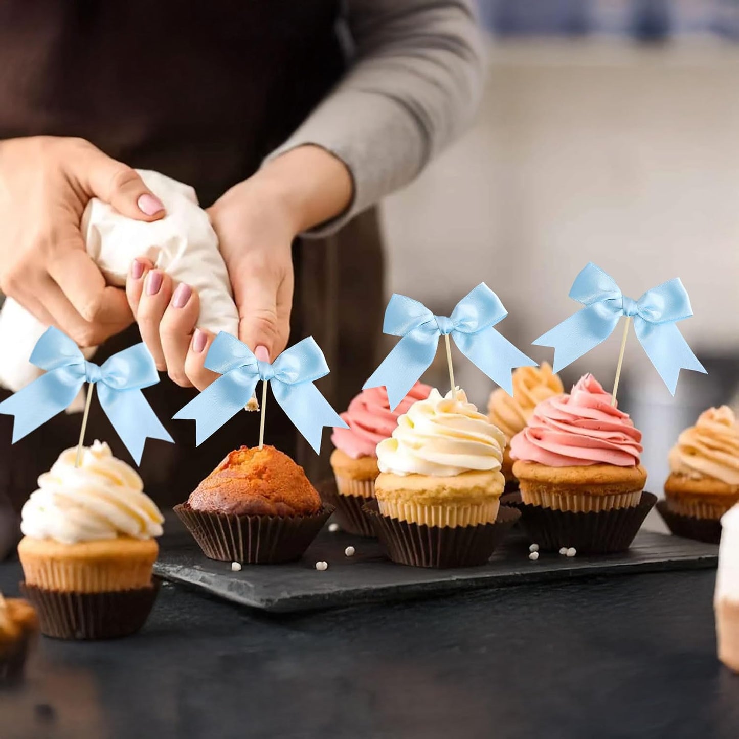 Ephlyn 24Pcs Bow Cupcake Toppers Bowknot Cake Toppers Bow Cupcake Picks Bowknot Birthday Party Decorations for Wedding Bridal Engagement Baby Shower Birthday Party Supplies Light Blue