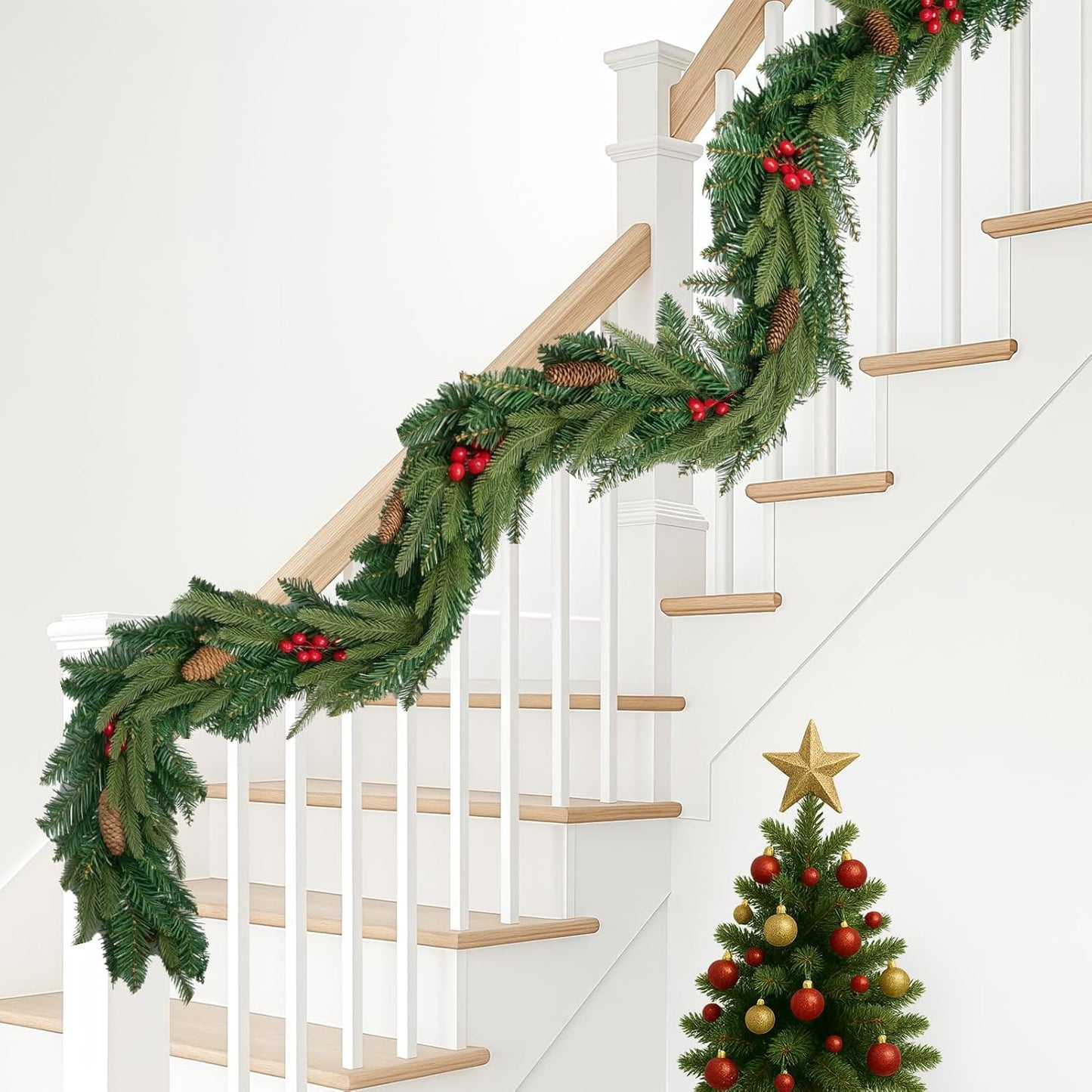 6FT Christmas Garland Artificial Norfolk Pine Tree Greenery, Cedar Cypress with Red Berries Pine Cones, Realistic Winter Holiday Mantel Fireplace Door Table Decor, Indoor Outdoor