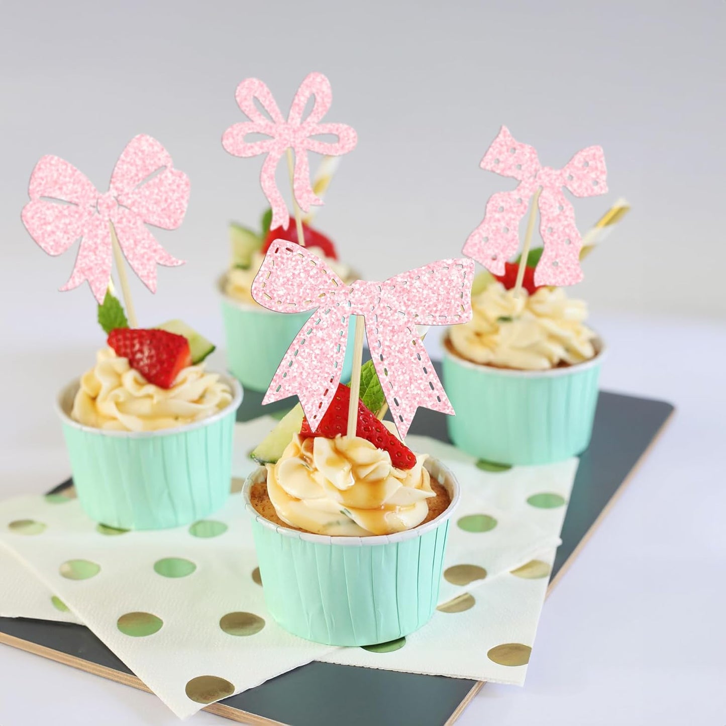 Ephlyn 24Pcs Light Pink Bow Cupcake Toppers - Bowknot Cupcake Decorations for Bridal, Baby Shower, Wedding Themed Party