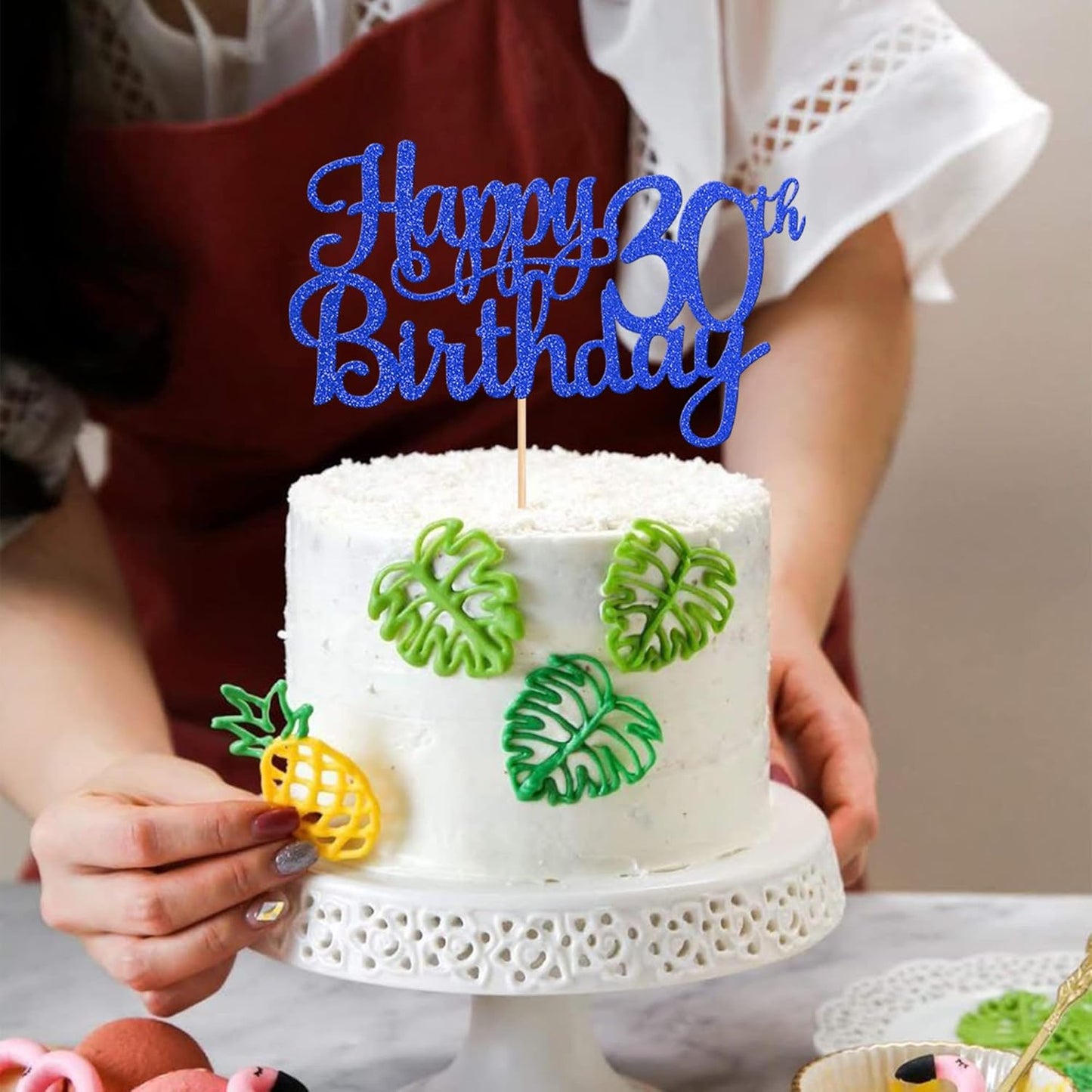 1 PCS Happy 30th Birthday Cake Topper Glitter Cheers to 30 Years Birthday Cake Pick 30 Fabulous Cake Decoration for Happy 30th Birthday Anniversary Party Decorations Supplies Blue