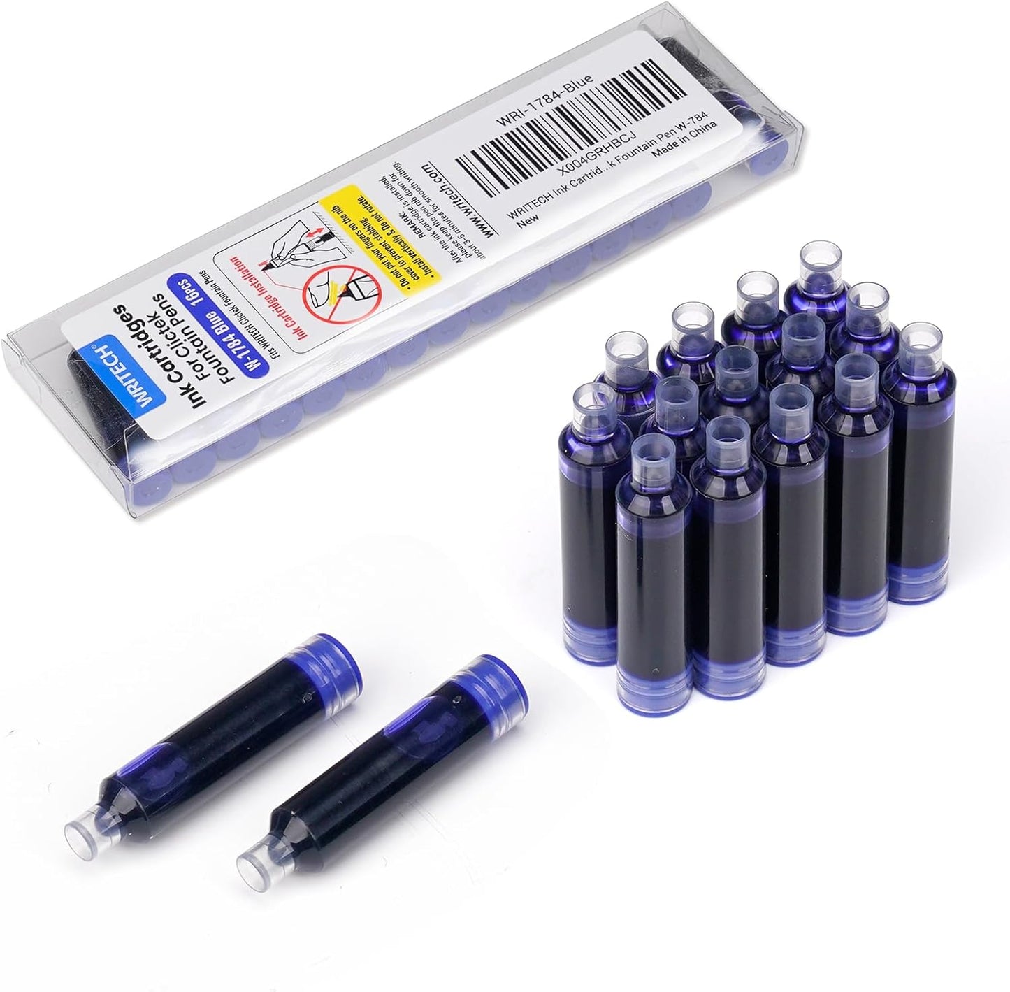 WRITECH Blue Ink Cartridge Set: 16 Ink Cartridges Clictek Fountain Pens