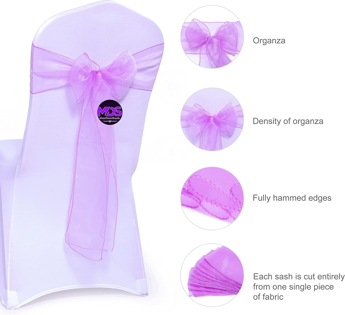 MDS Pack of 150 PCS Organza Chair Sashes Wider Dining Chair Bows Ribbon Tie Back for Wedding Party Birthday Bridal Shower Reception Event Banquet Home Chair Cover Decoration - Light Purple