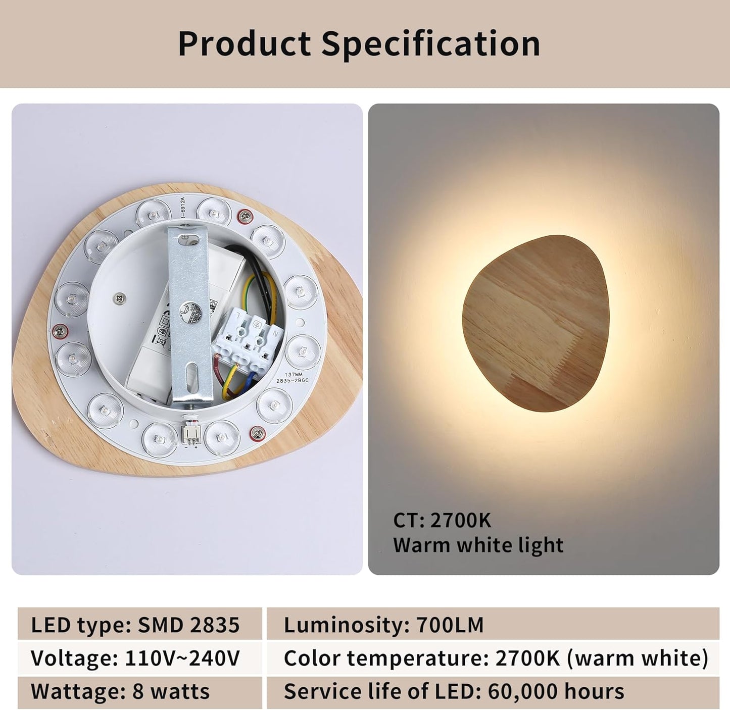 Modern Minimalist Plug in Wall Sconces, 7.9'' Plug-in Or Cordless Wood Backlight LED Wall Lamp, 8W, 700LM Warm White Brightness Wall Light Fixtures for Bedroom, Living Room Wall Décor