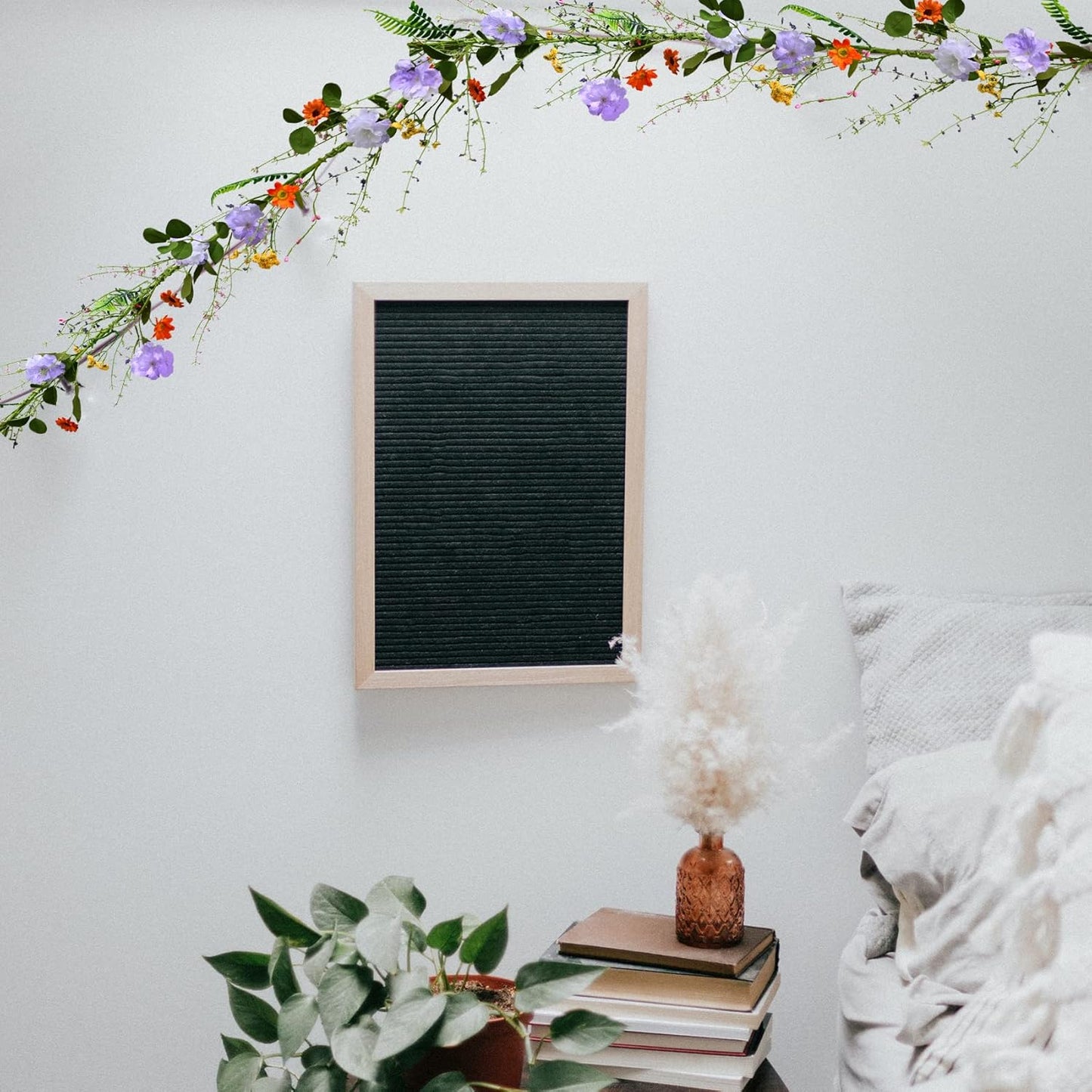 2PCS Artificial Daisy Garland, 6FT Faux Flower Hanging Vine, Purple Flowers Ivy, Spring Garland with Eucalyptus Boston Fern Vine for Sign Board Party Home Decor