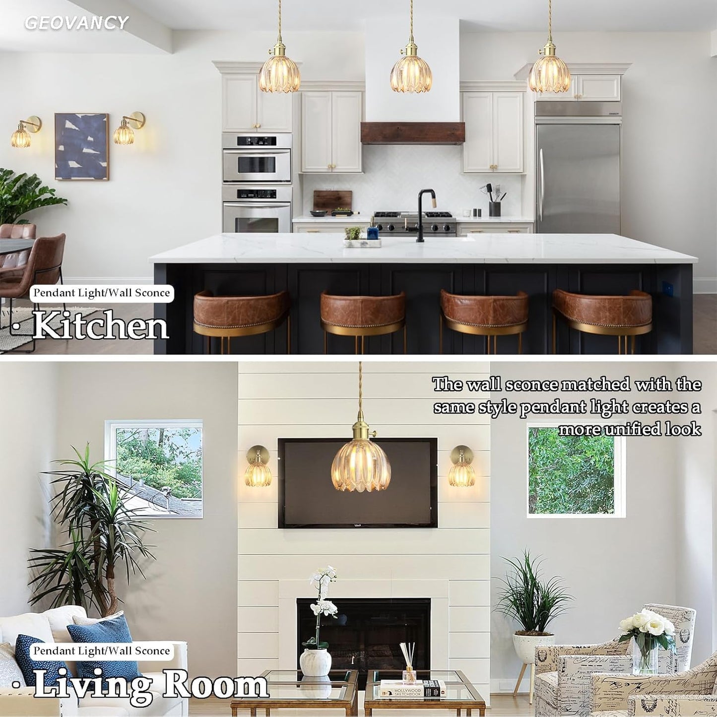 Vintage Gold Rechargeable Pendant Light with 70 Inch Cord and Exquisite Tulip Amber Glass Shade for Kitchen Island, Living Room & Dining Room, Ideal Hanging Light for Multiple Spaces