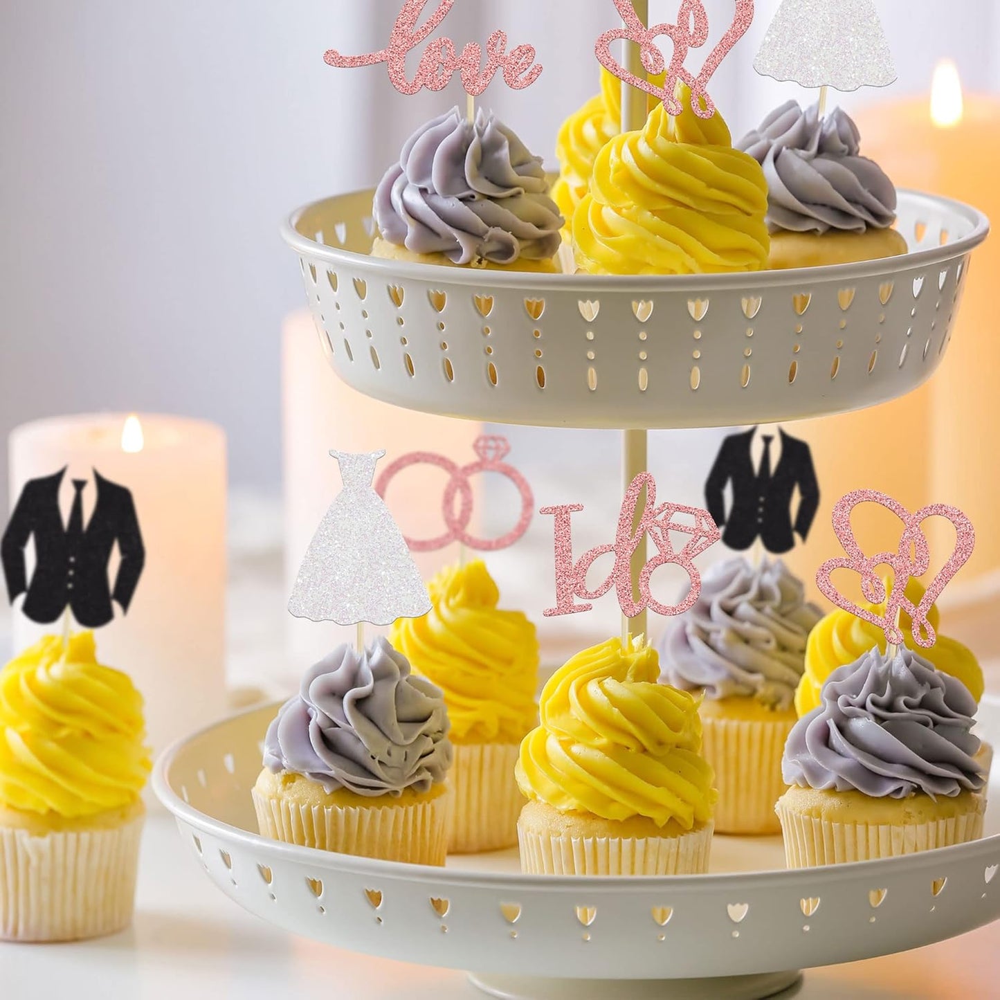 Gyufise 24Pcs Wedding Cupcake Toppers Glitter Groom and Bride Cupcake Picks Love I Do Ring Heart Cake Decorations for Bridal Shower Wedding Engagement Party Cake Decorations Supplies