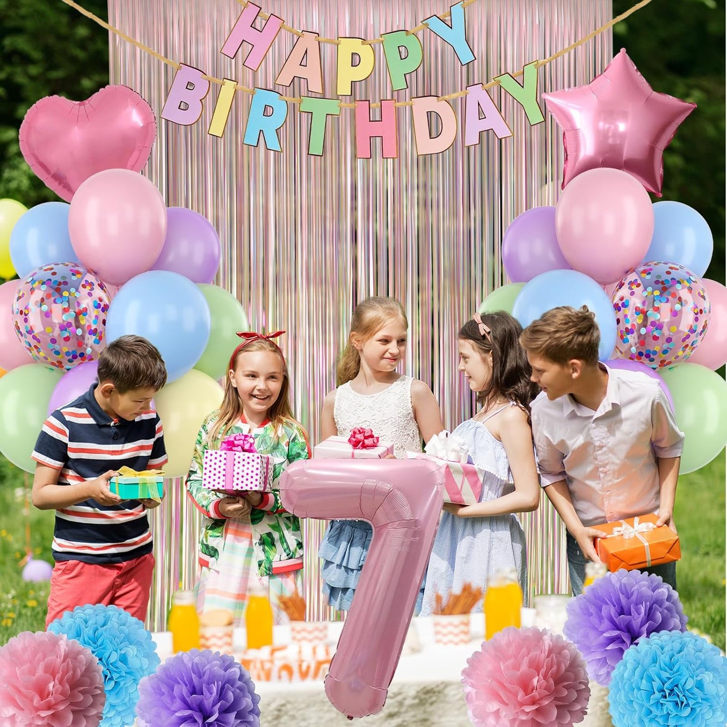 Pastel 7th Birthday Party Decorations for Girls Number 7 Balloon Happy Birthday Banner Butterfly Stickers Fringe Curtain Paper Pom Poms Macaron Pink Star Heart Foil Colorful Balloons 7 Year Old Decor