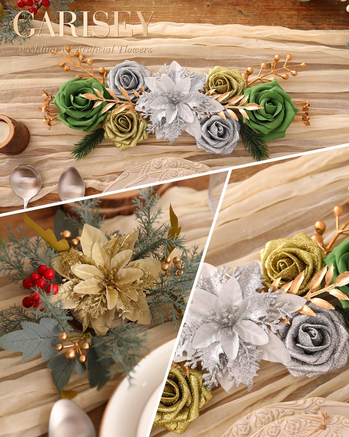 Christmas Artificial Flowers Poinsettia Flower Mix Silk Flowers Fake Roses with Stems for DIY Table Centerpieces Christmas Tree Xmas Wreath Holiday Home Party Decor