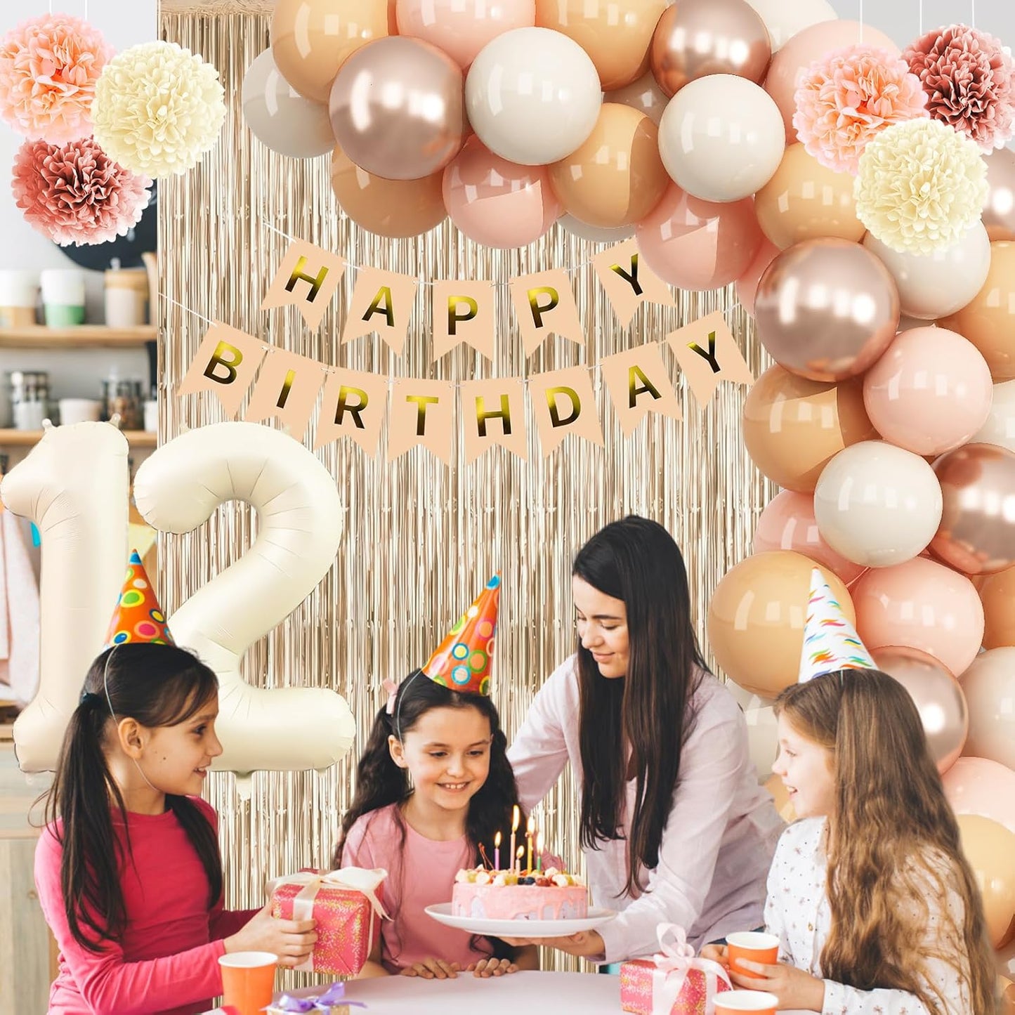 Beige 12th Birthday Decorations Girls Boys Cream Number 12 Balloon Nude Gold Happy Birthday Banner Fringe Curtain Paper Pom Poms Blush White Sand Champagne Star Foil Balloons Neutral Boho Party Decor