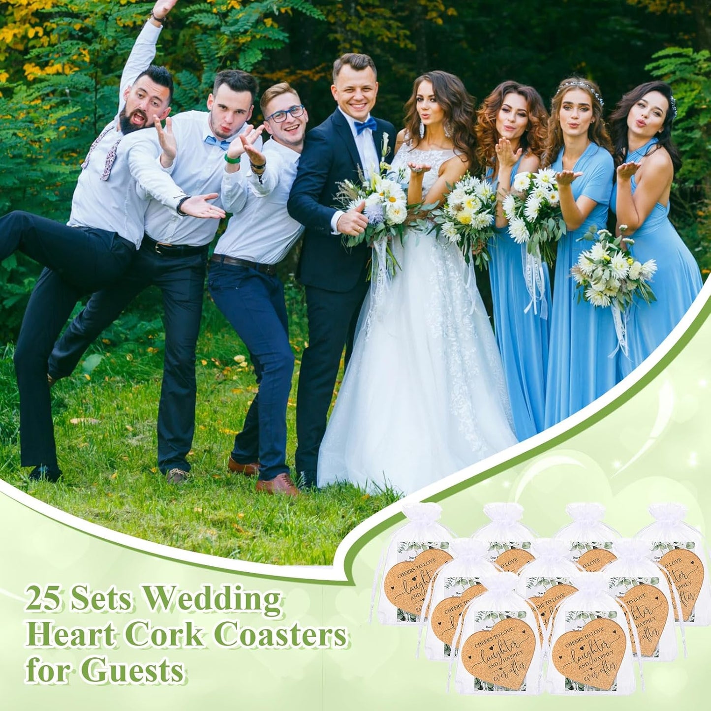 Uiifan 25 Set Wedding Favors for Guest Coaster Gifts Bulk Heart Shaped Coasters Thank You Cards Organza Bags Guest Souvenirs for Wedding Party Bridal Favors