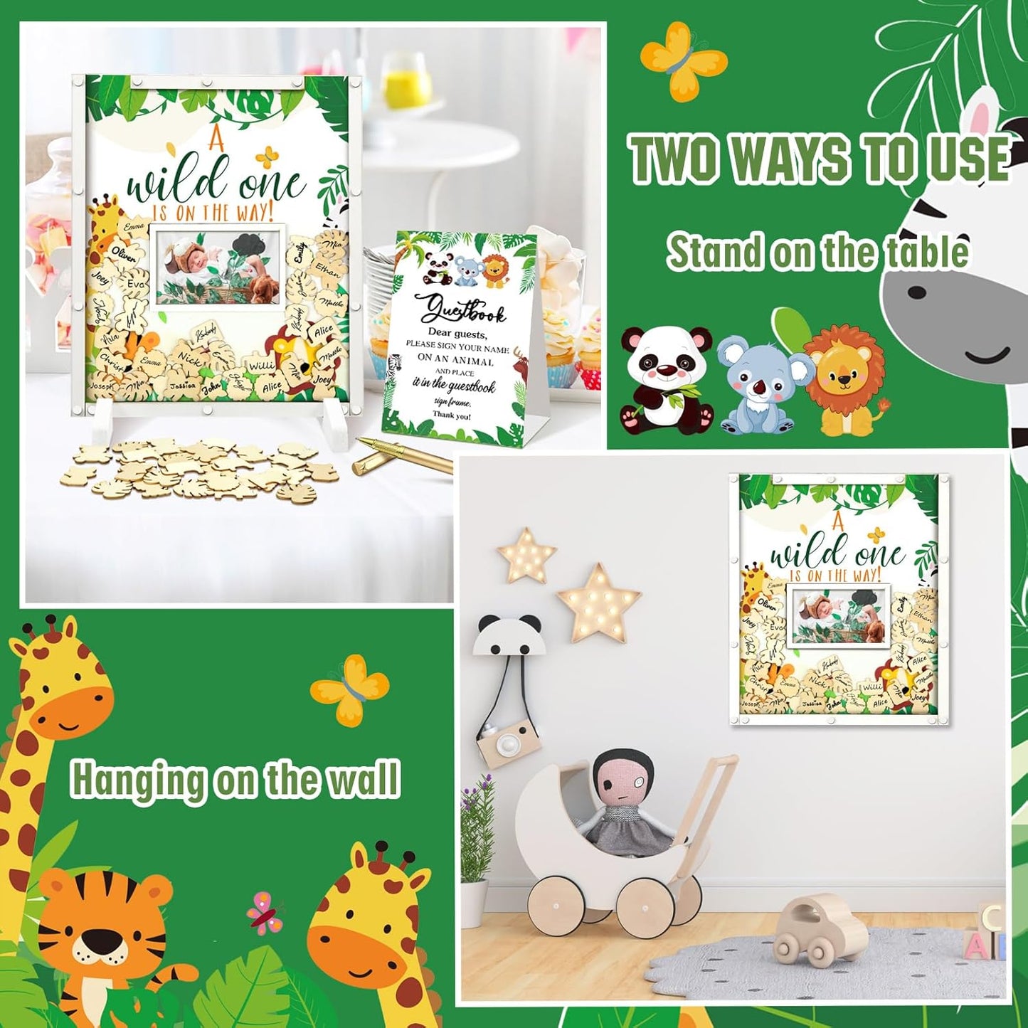 65 Pcs Safari Animal Baby Shower Guest Book Alternatives He or She Gender Reveal Baby Shower Decorations Sign in Guest Book with Picture Frame and 60 Wooden Chip