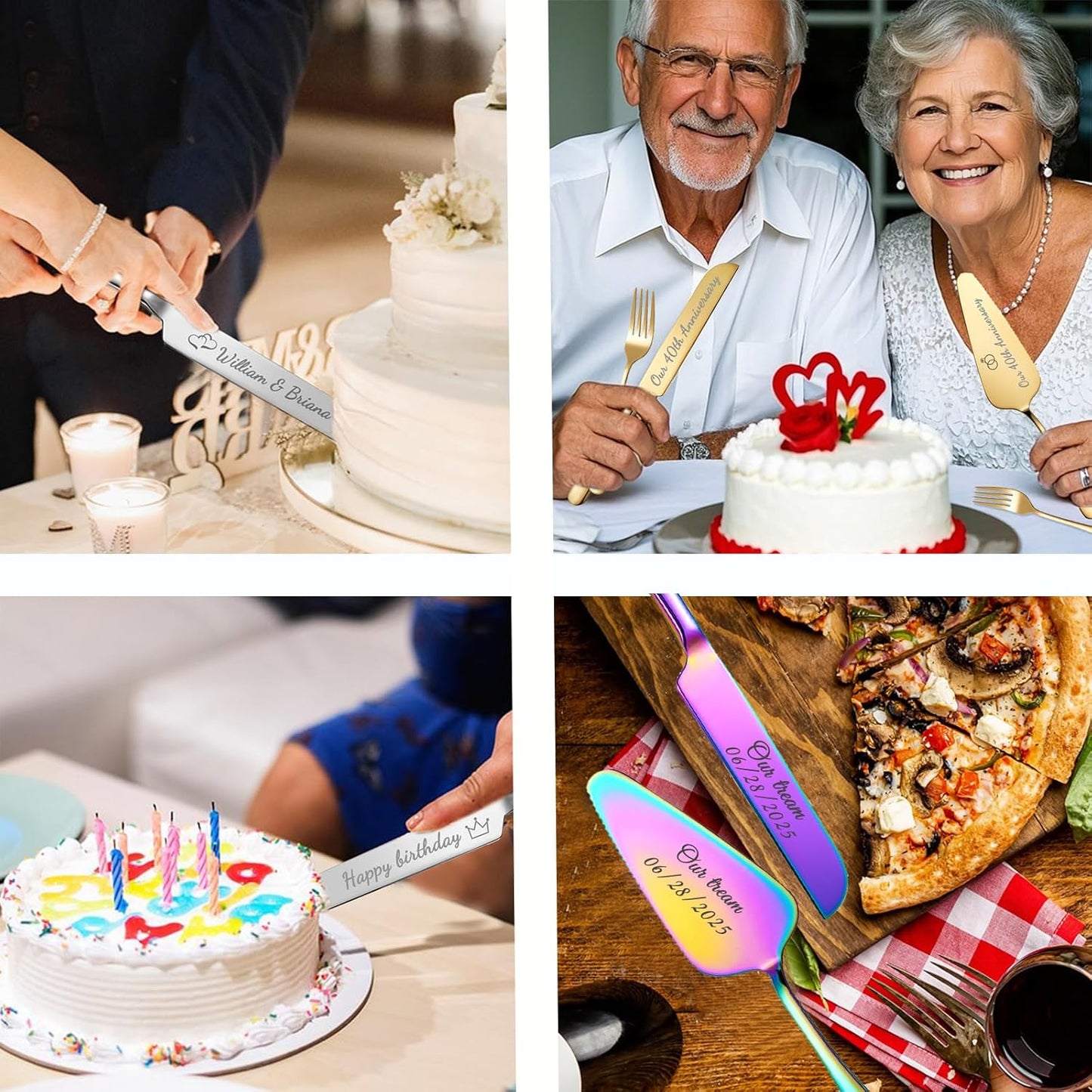 Personalized Wedding Cake Knife and Server Set, Custom Names Cake Cutting Set with Stainless Steel Forks, Customized Bridal Anniversary Birthday Wedding Registry Gifts (Multicolor)