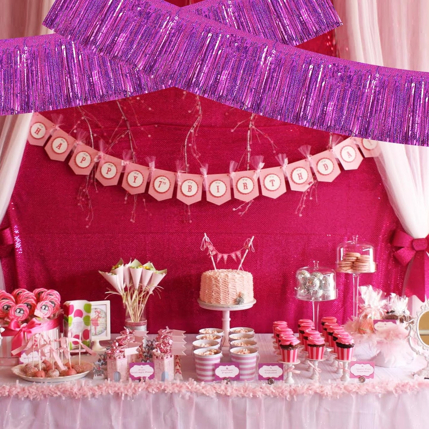 BEISHIDA 3 Packs Metallic Foil Fringe Garland Laser Rose Red Wall Hanging Tinsel Fringe Banners for Car Floats Bridal Shower Wedding Birthday Easter Graduation Holiday Party Decoration(30 Feet)