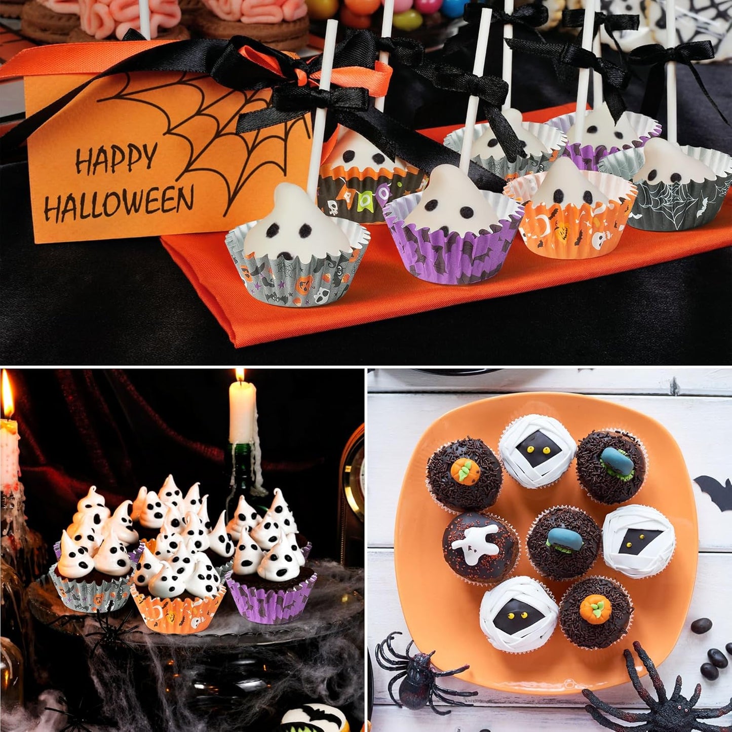 COcnny Halloween Mini Cupcake Liners - 600pcs Halloween Candy Baking Cups Muffin Cupcakes Wrappers, Pumpkin Ghost Skull Disposable Chocolate Cake Wrap Making Supplies for Party (10 Styles)