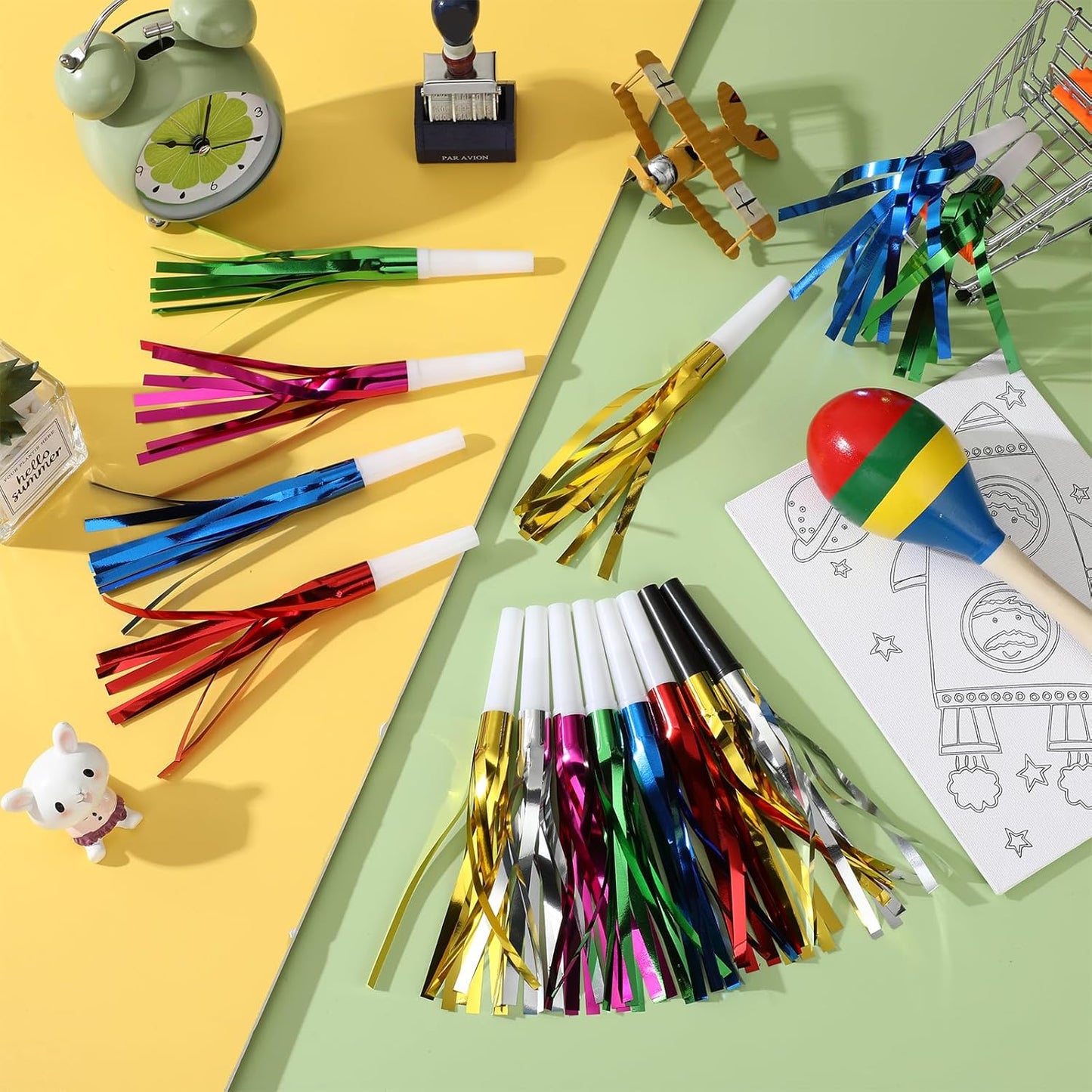 24 Pcs Gold Noise Makers Glitter Metallic Fringed Noise Makers Horns for Baby Shower, Kids Birthday, New Year Party Favor - Multicolor