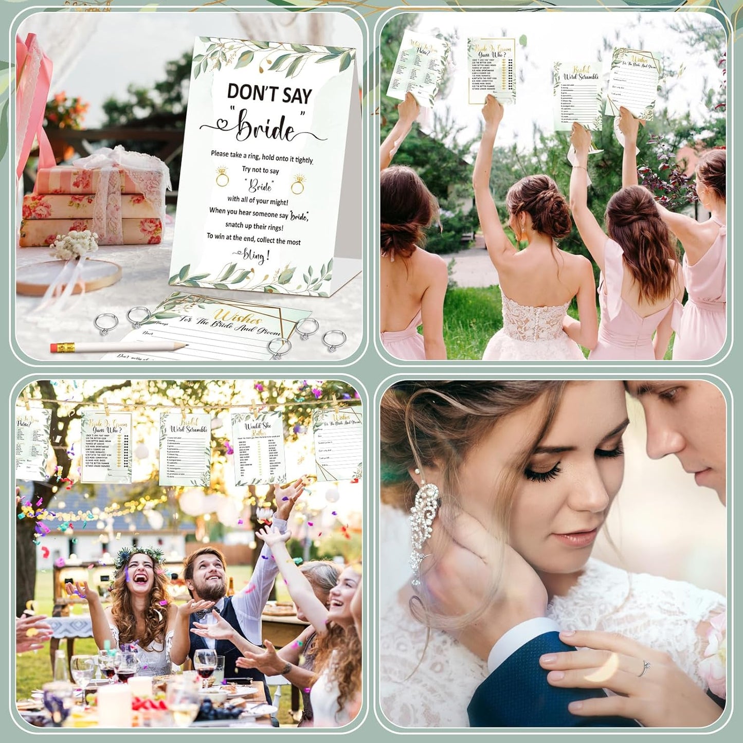 Estune 331 Pcs Bridal Shower Games Supplies, 5 Sets 250 Pcs Wedding Cards 1 Put a Ring on It Bridal Shower Games with 60 Rings and 20 Pencils(Green Leaves)