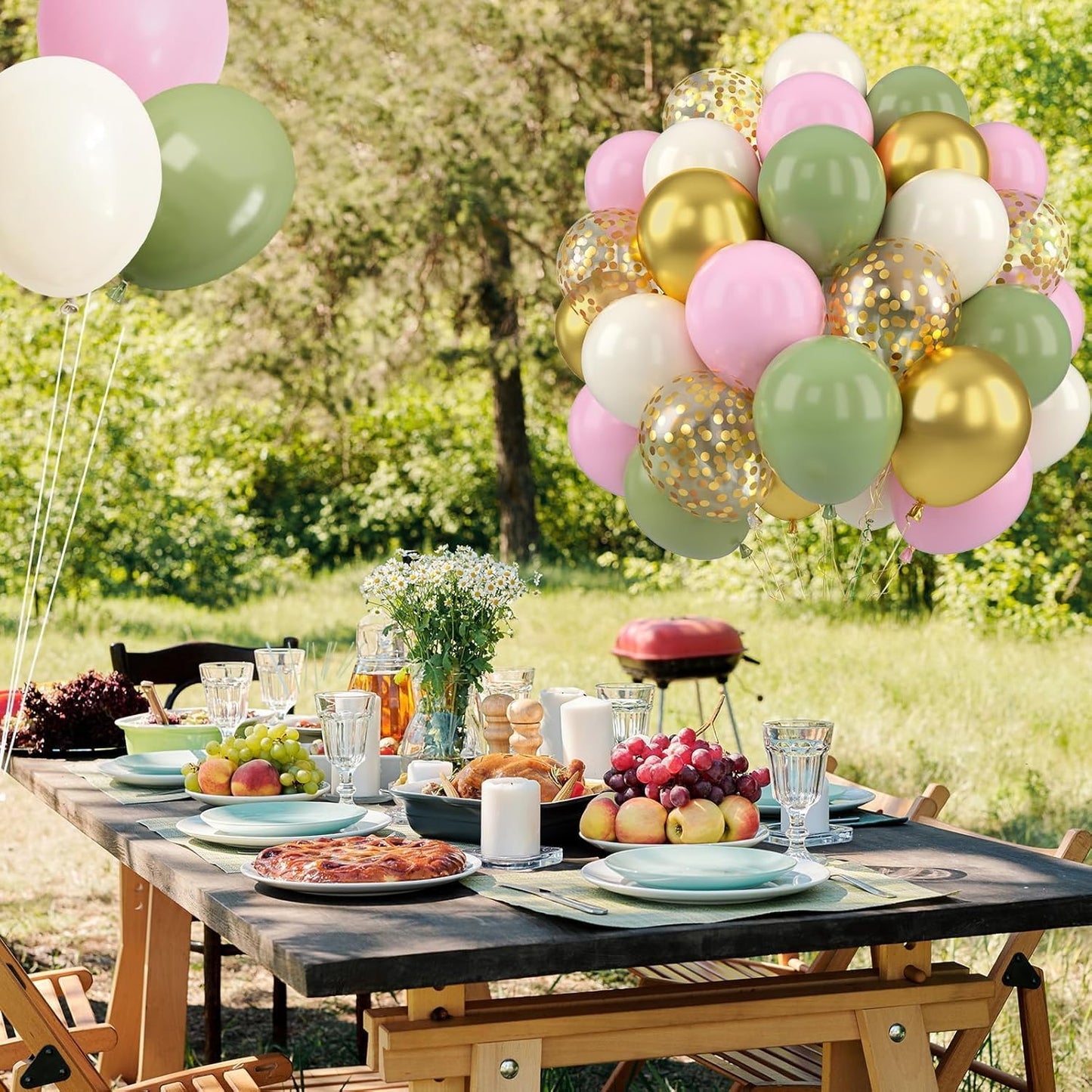 Paready Pink and Green Balloons, 50 PCS Sage Green Pink Balloons, 12 Inch Metallic Gold Confetti Avocado Green Sand White Balloons for Birthday Jungle Wedding Graduation Baby Shower Party Decorations