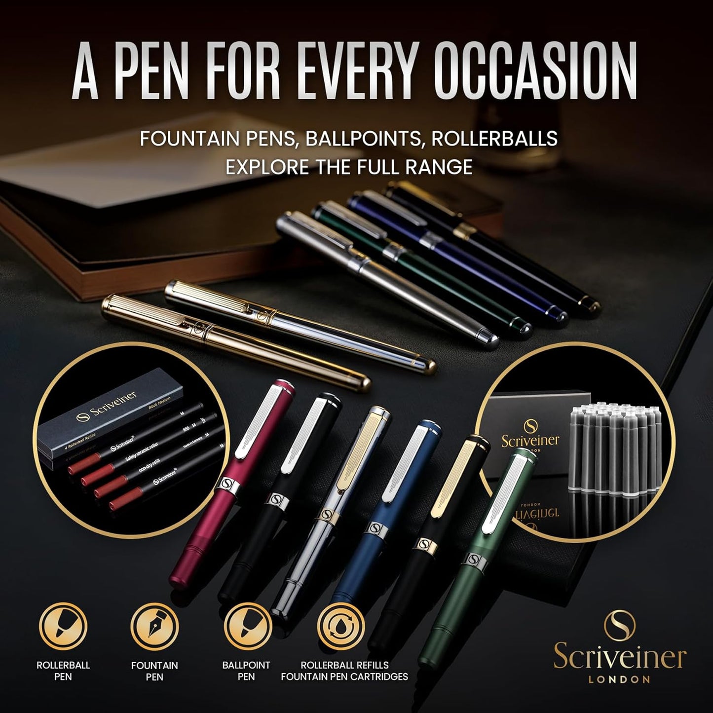 Scriveiner Personalized British Racing Green Pen - Stunning Green Lacquer Luxury Pen w/Chrome Finish, German Schmidt Nib (Medium), Best Engraved Fountain Pen Gift Set for Men & Women, Name Engraving