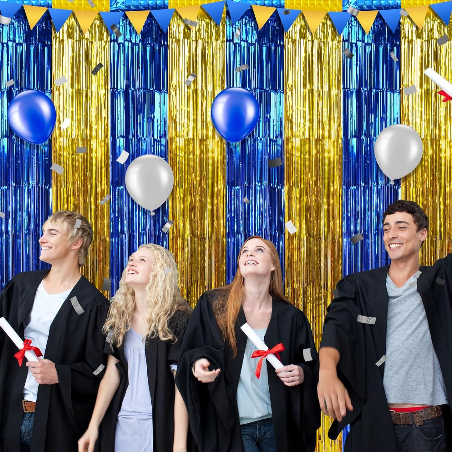 3 Pack 3.3Ft x 6.6Ft Graduation Foil Fringe Curtain Backdrop Decorations, Blue Gold Metallic Tinsel Foil Streamers Curtain Photo Booth Background for Graduation Prom Wedding Birthday Party Decorations