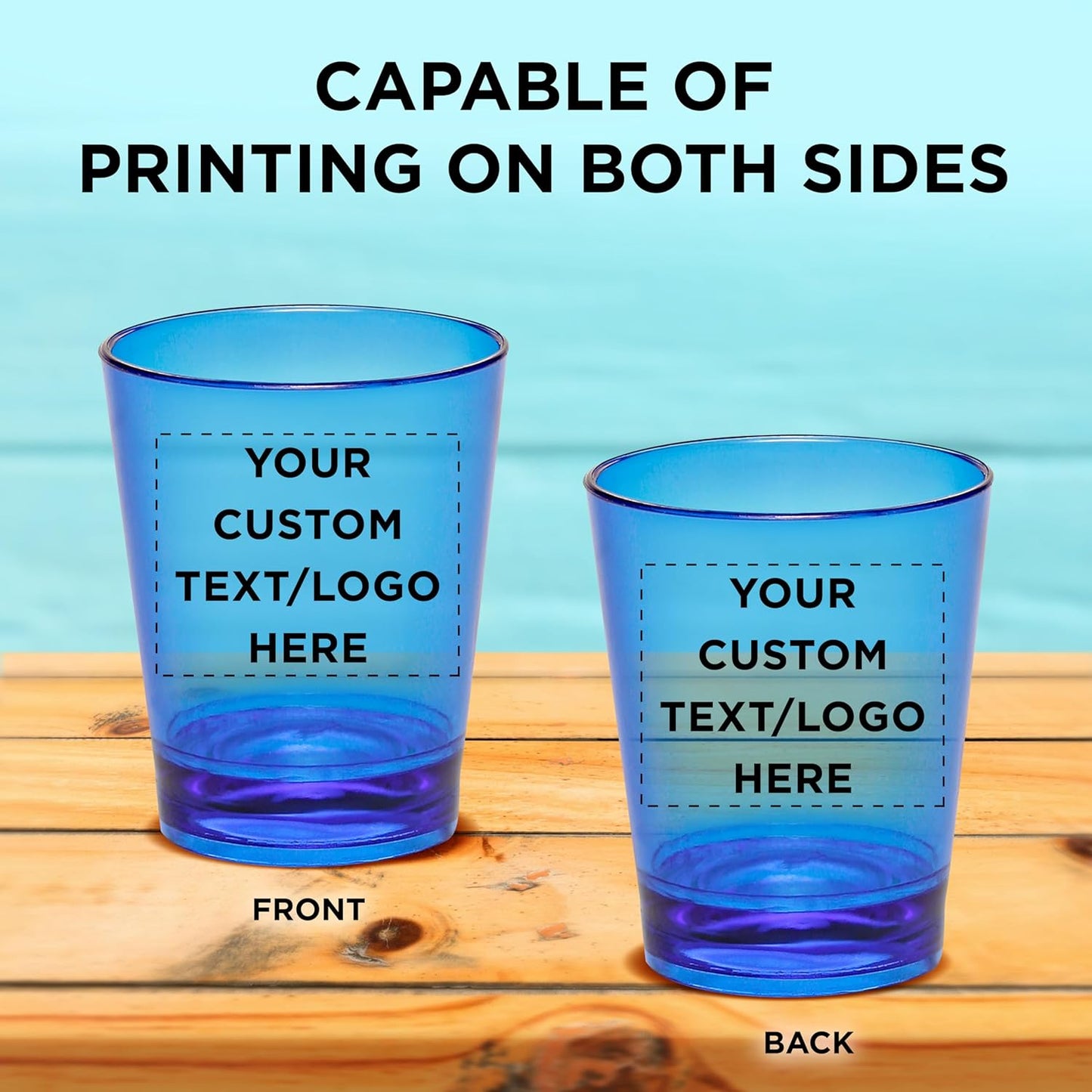 Custom Translucent Plastic Shot Glasses 1.5 oz. Set of 50, Personalized Bulk Pack - Acrylic, Great for Wedding, Party, Birthday, Gifts - Blue